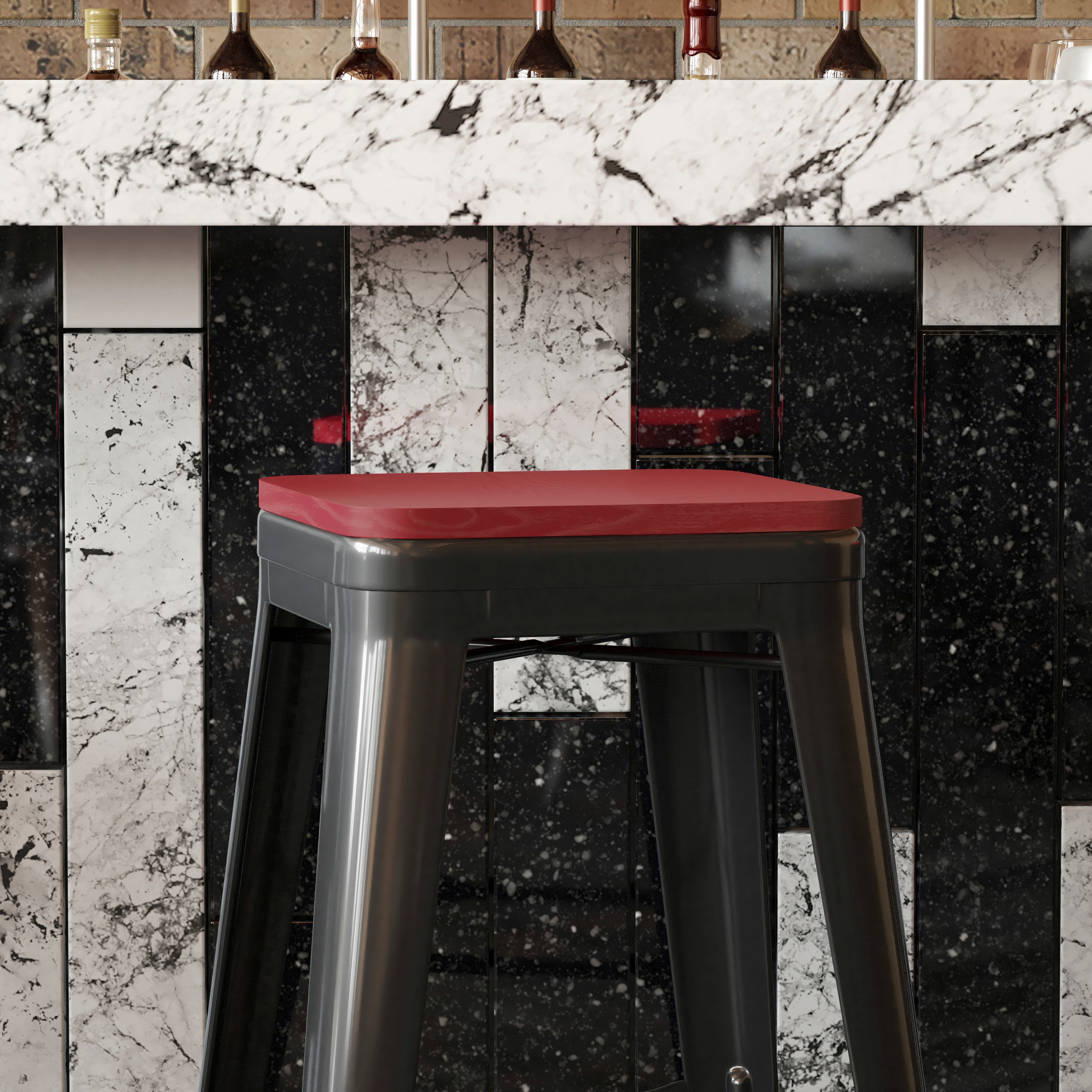 Perry Poly Resin Wood Square Seat with Rounded Edges for Colorful Metal Barstools in Red