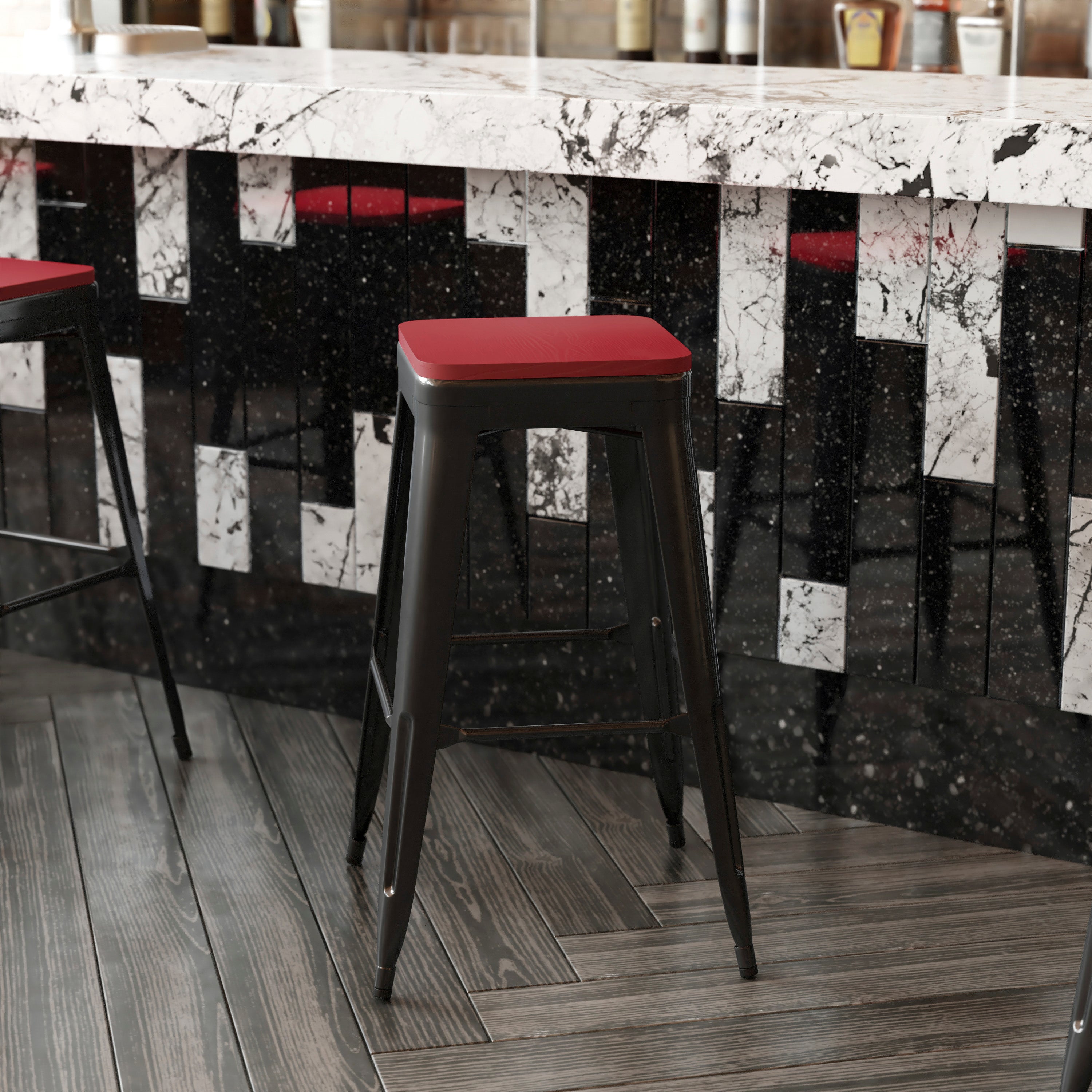 Perry Poly Resin Wood Square Seat with Rounded Edges for Colorful Metal Barstools in Red