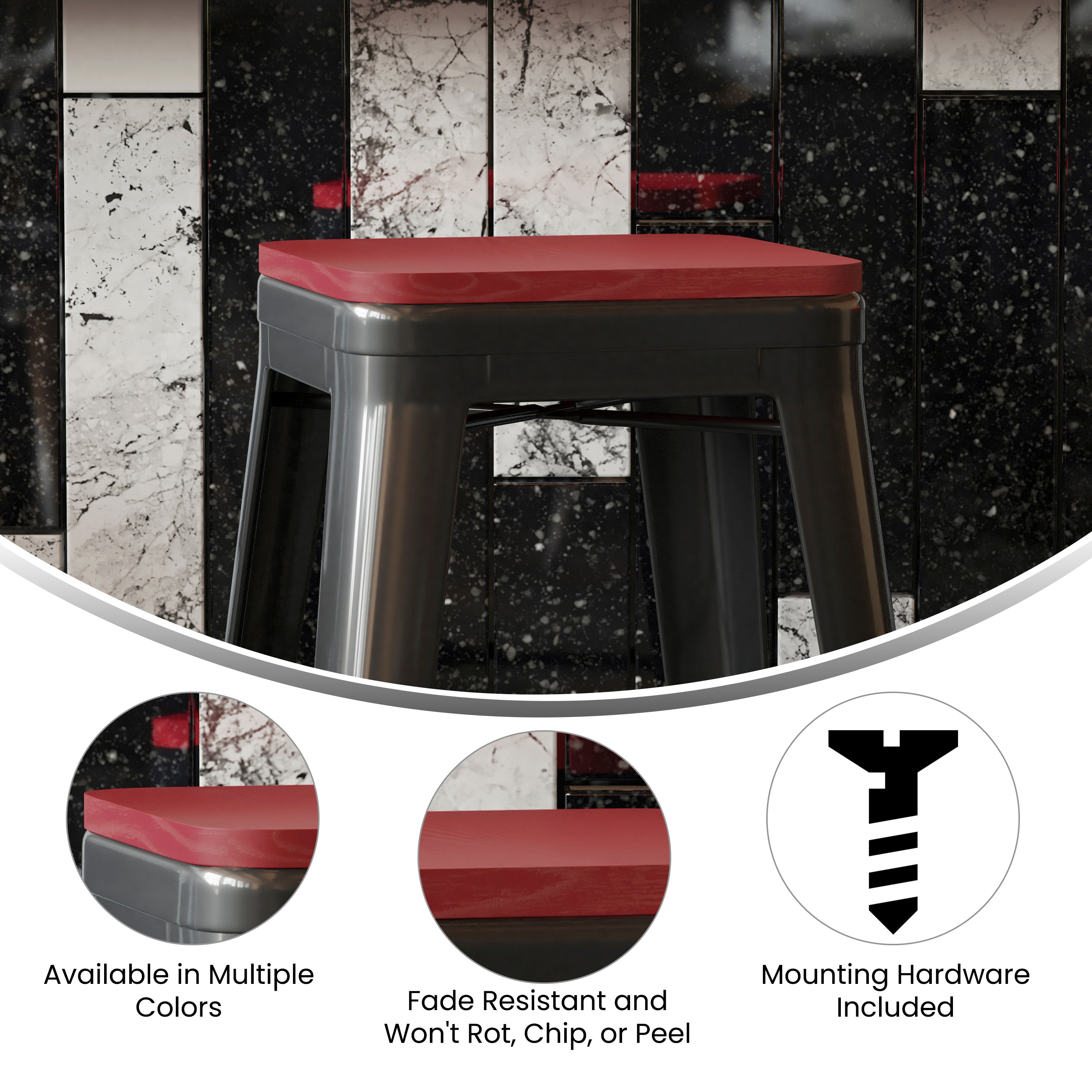 Perry Poly Resin Wood Square Seat with Rounded Edges for Colorful Metal Barstools in Red