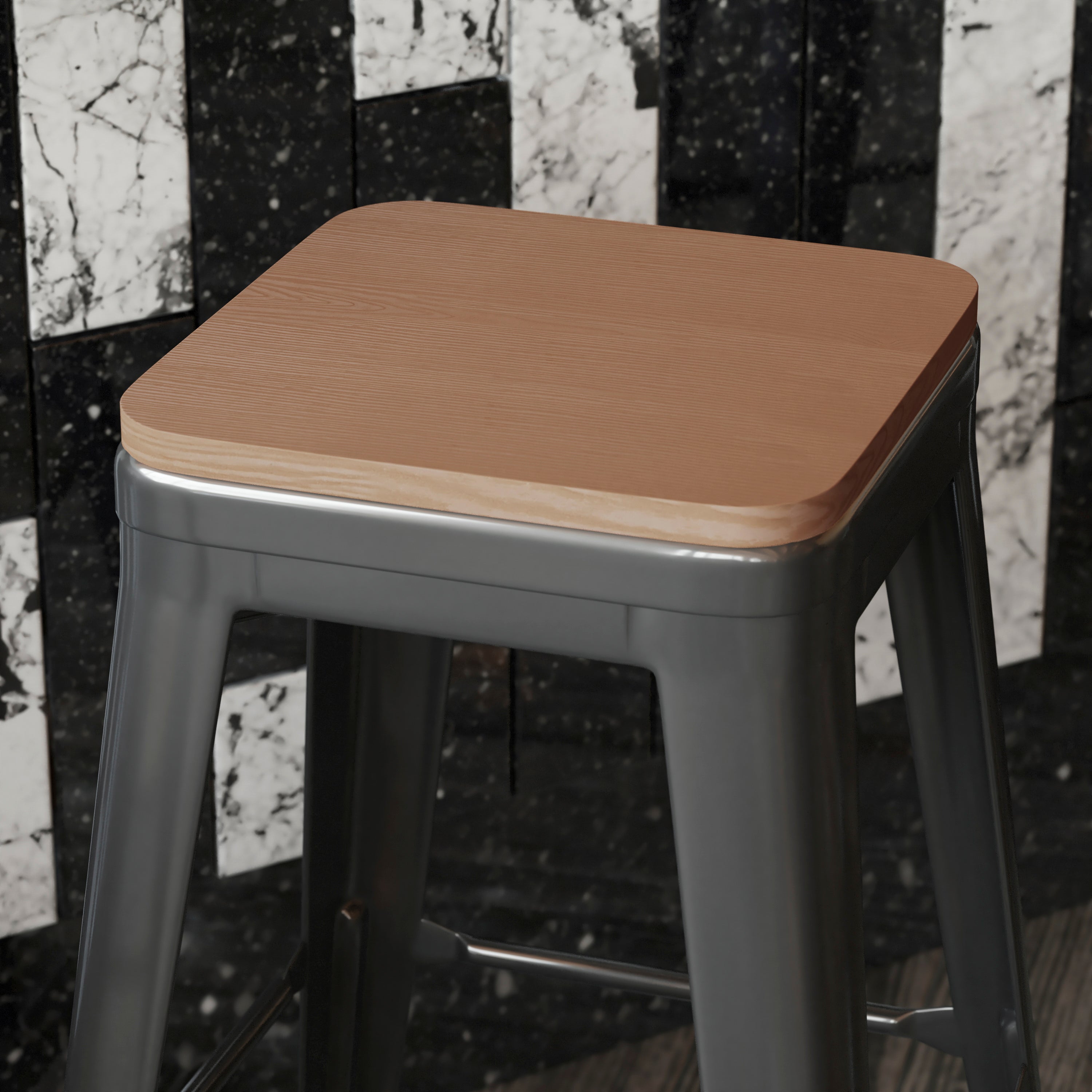 Perry Poly Resin Wood Square Seat with Rounded Edges for Colorful Metal Barstools in Teak