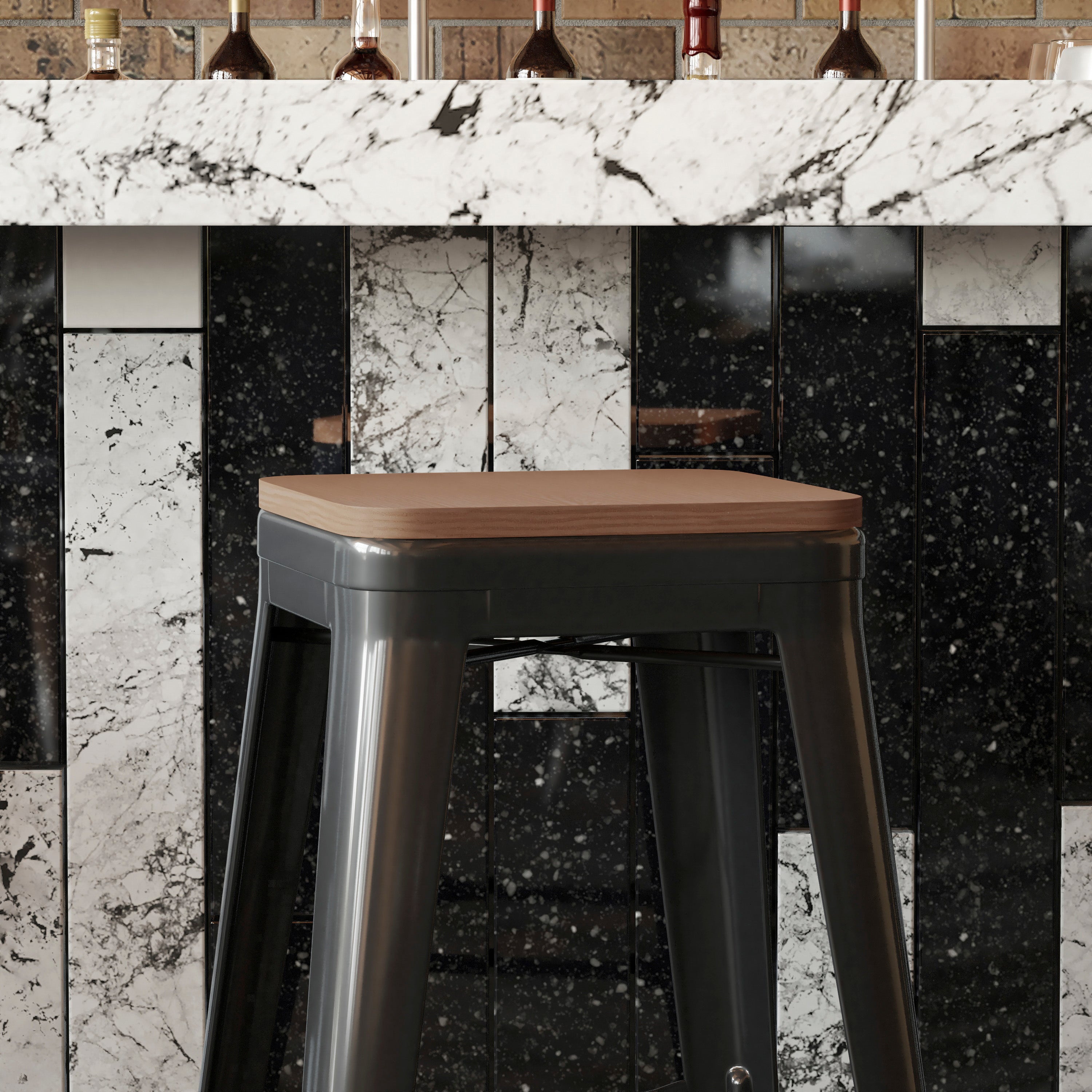 Perry Poly Resin Wood Square Seat with Rounded Edges for Colorful Metal Barstools in Teak
