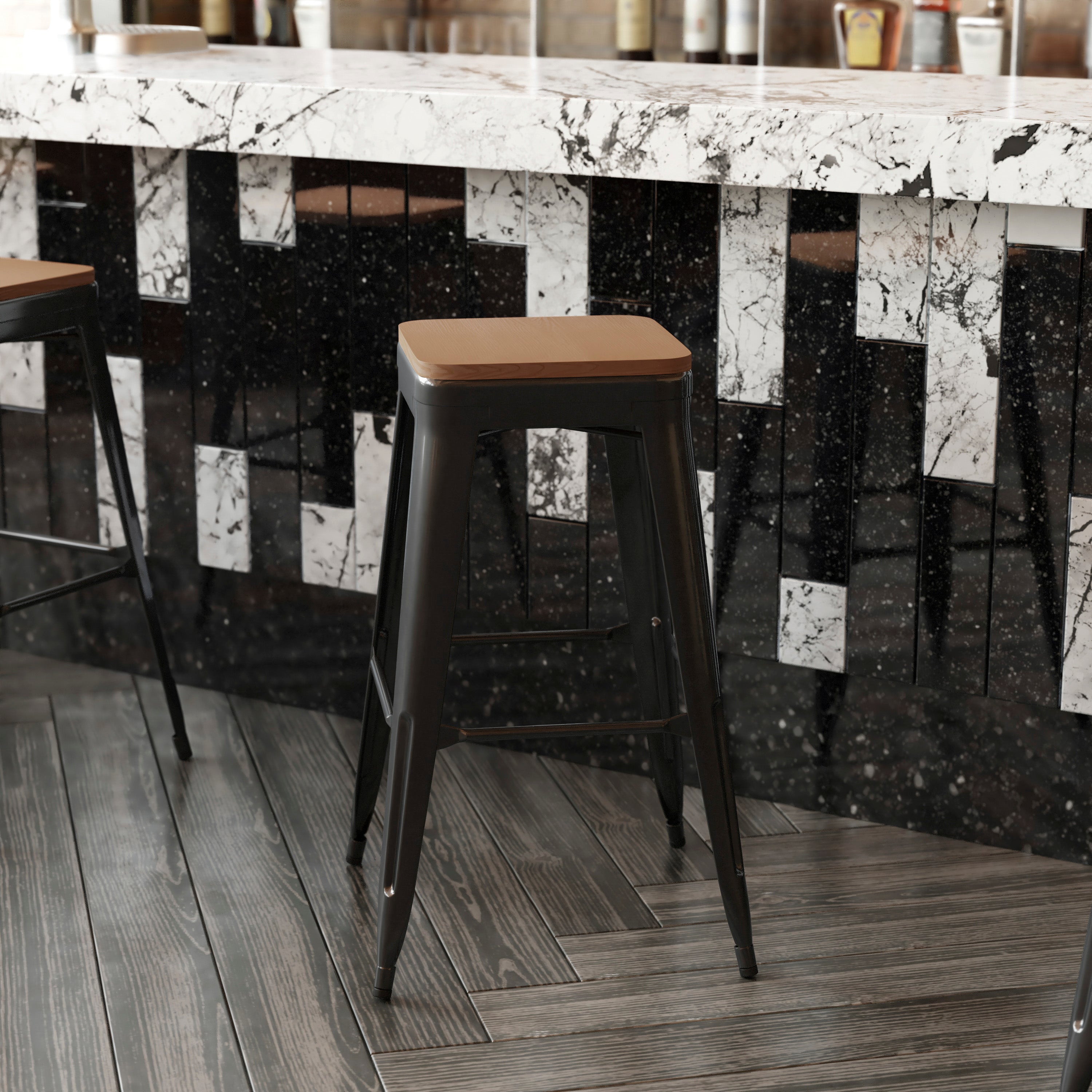 Perry Poly Resin Wood Square Seat with Rounded Edges for Colorful Metal Barstools in Teak