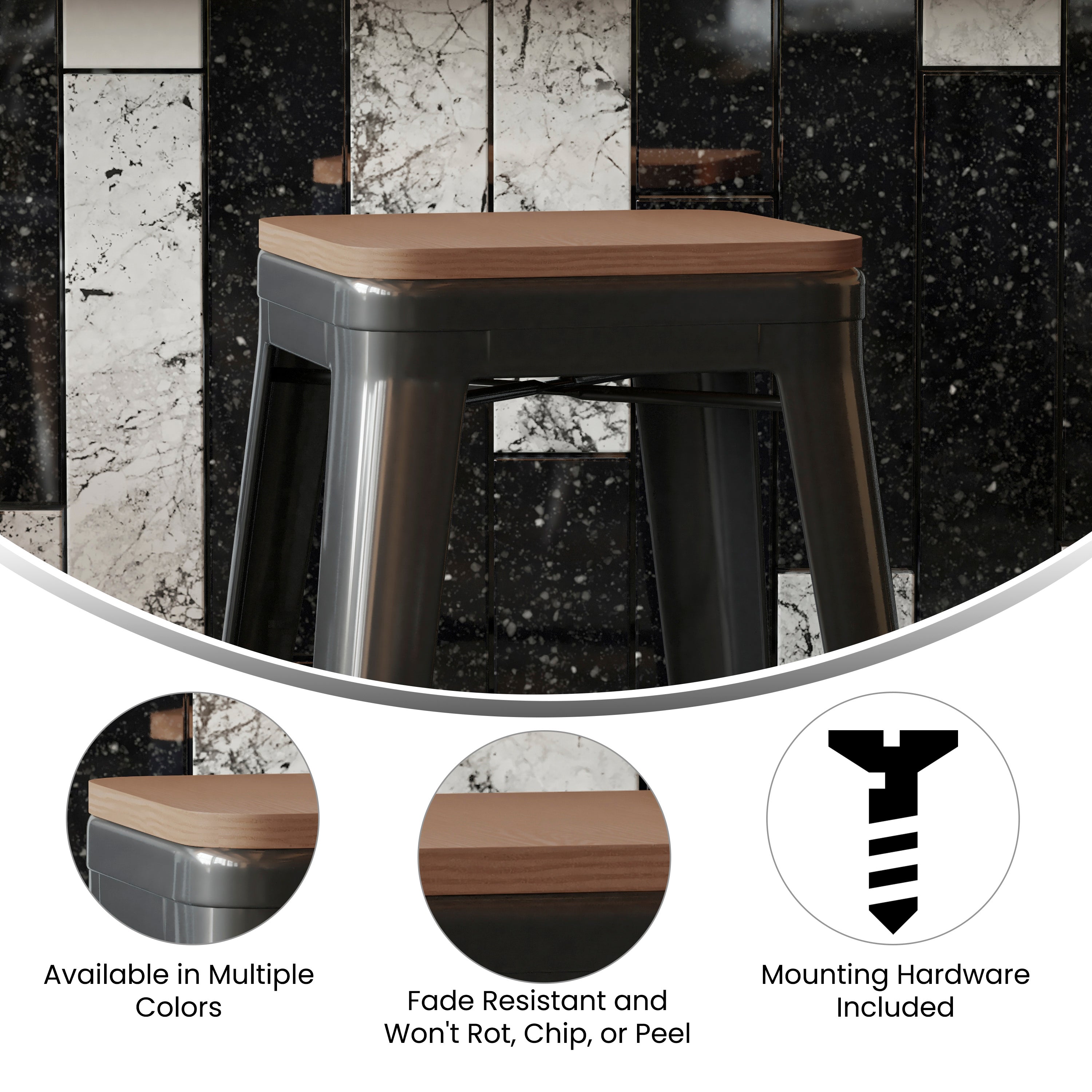 Perry Poly Resin Wood Square Seat with Rounded Edges for Colorful Metal Barstools in Teak