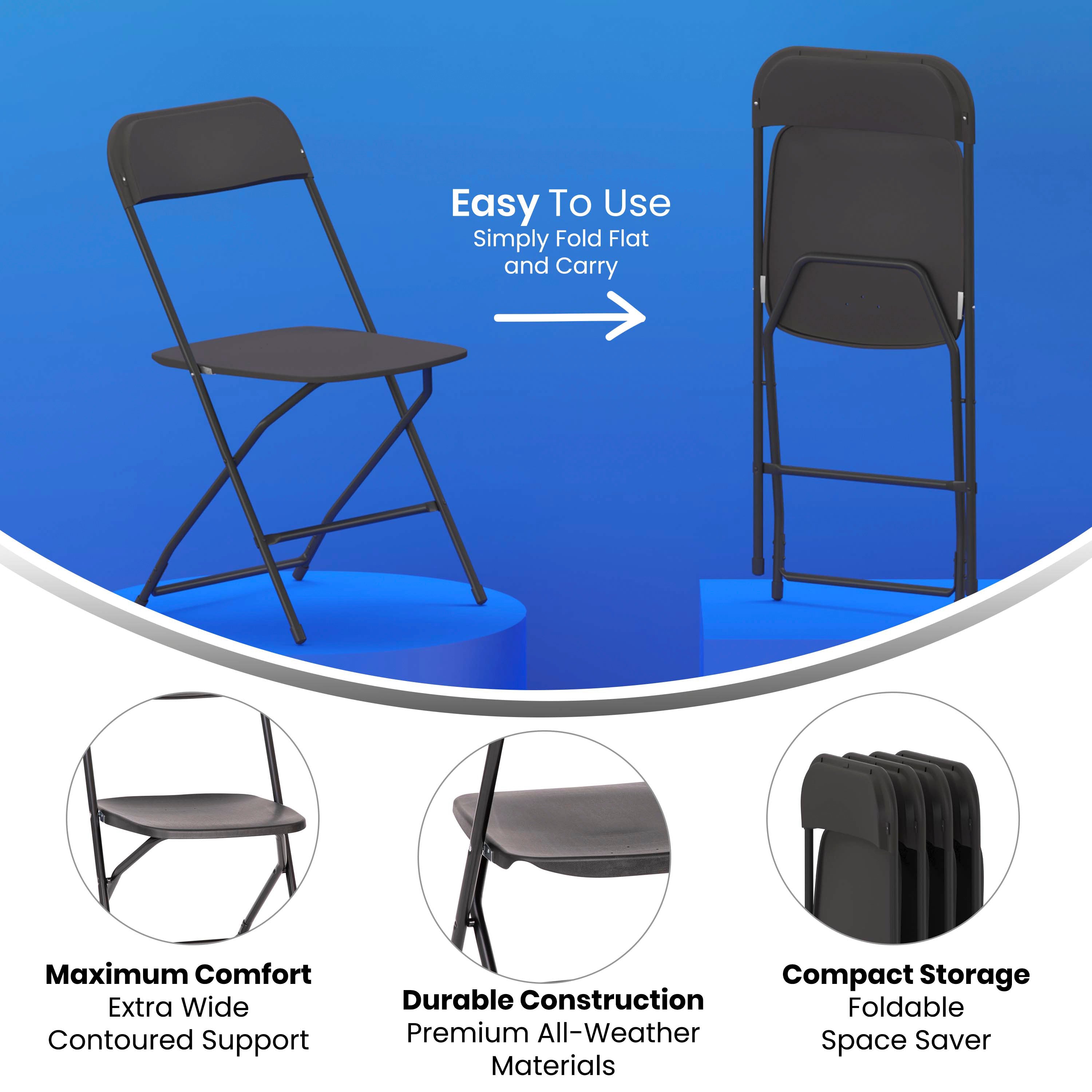 Hercules Big and Tall Commercial Folding Chair - Extra Wide 650LB. Capacity - Durable Plastic - Black, 4-Pack