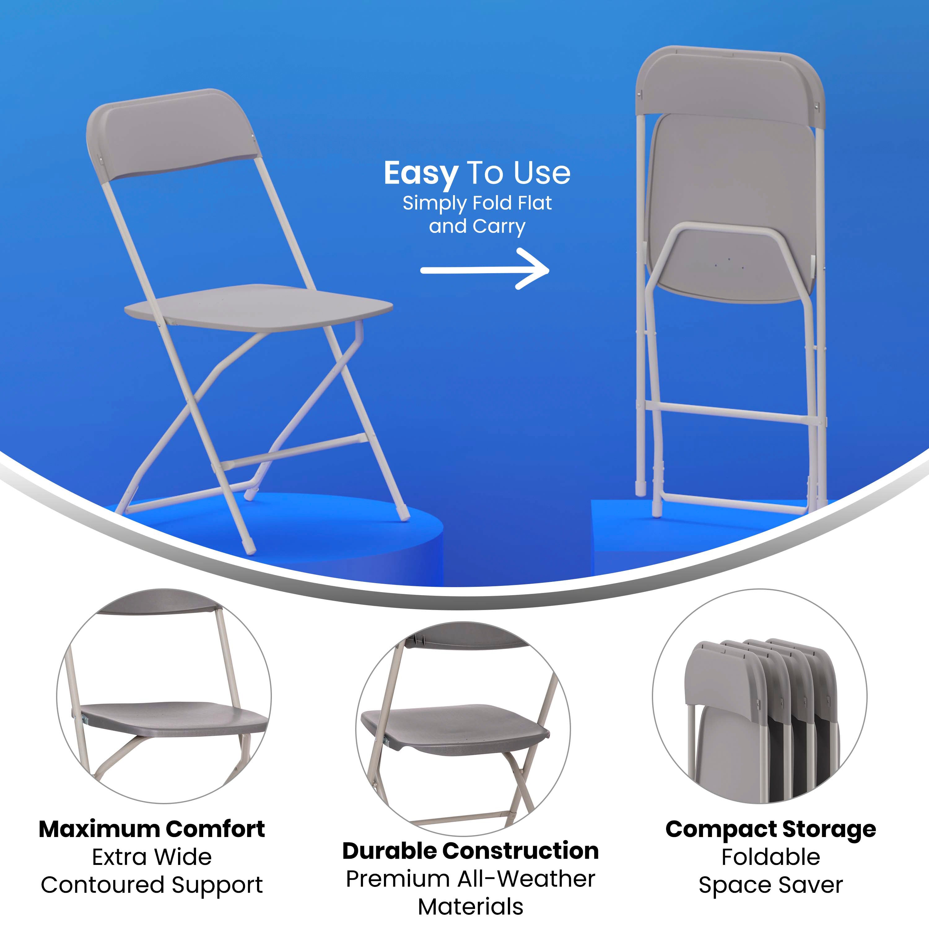 Hercules Big and Tall Commercial Folding Chair - Extra Wide 650LB. Capacity - Durable Plastic - Gray, 4-Pack