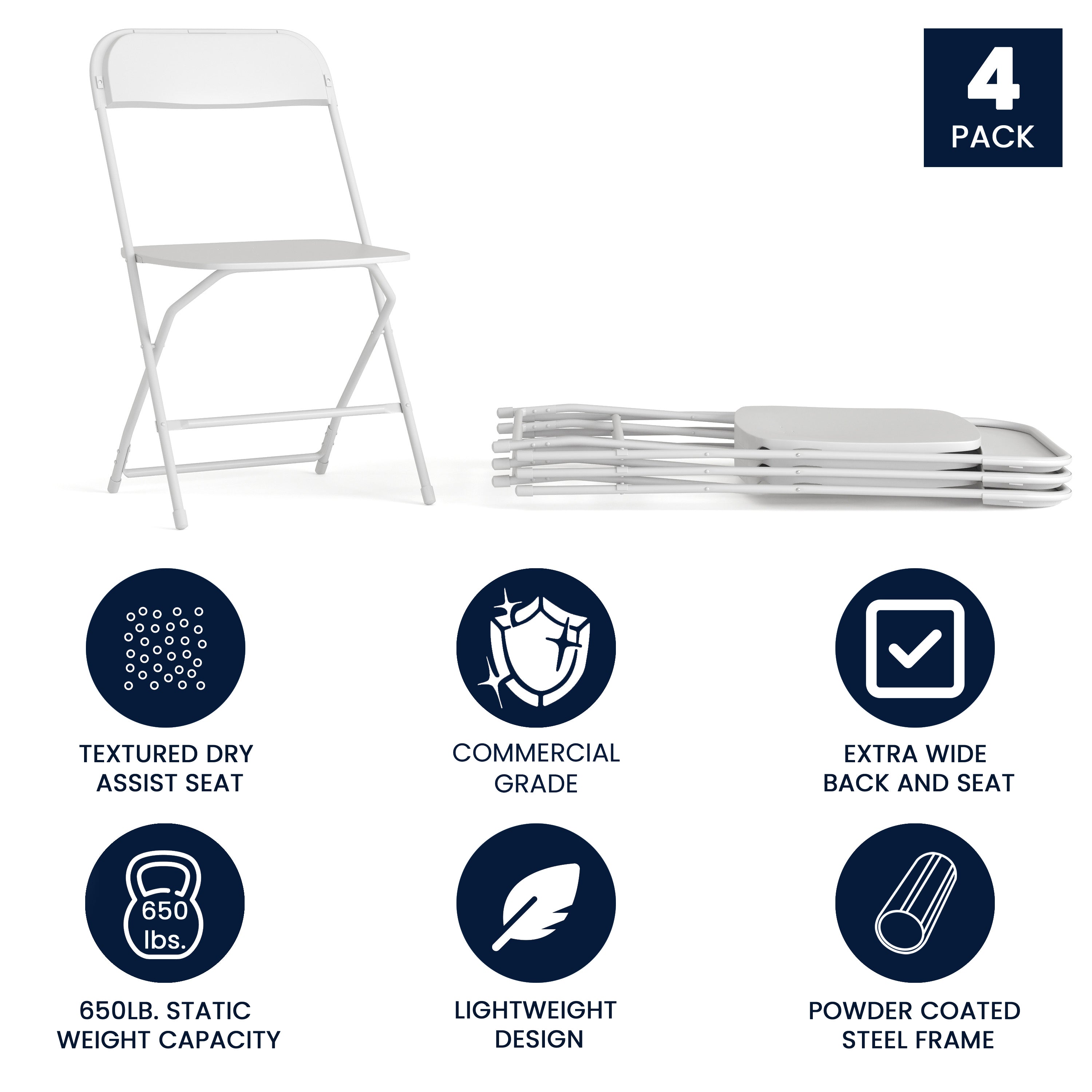 Hercules Big and Tall Commercial Folding Chair - Extra Wide 650LB. Capacity - Durable Plastic - White, 4-Pack
