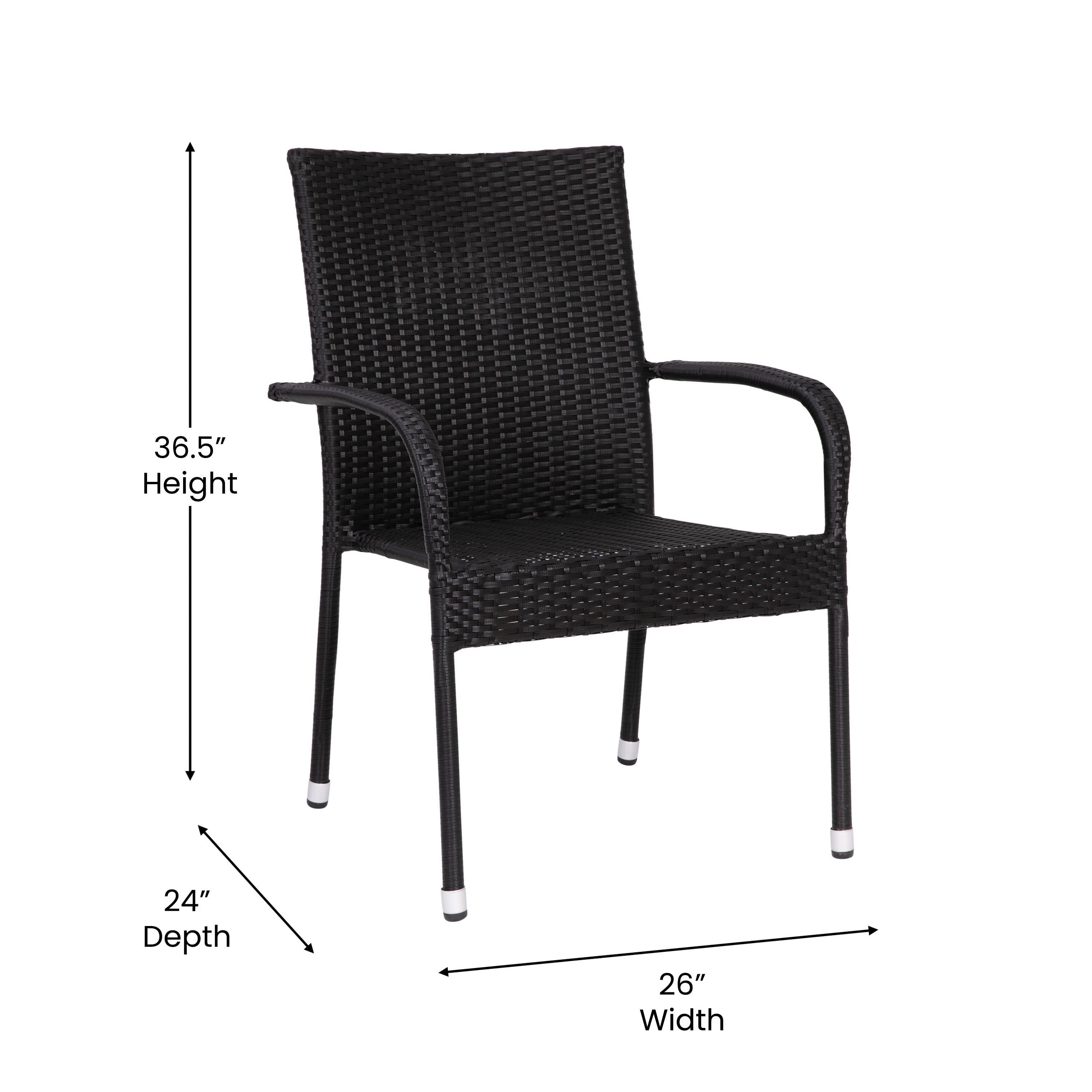 Maxim Set of 4 Stackable Indoor/Outdoor Wicker Dining Chairs with Arms - Fade & Weather-Resistant Steel Frames - Black