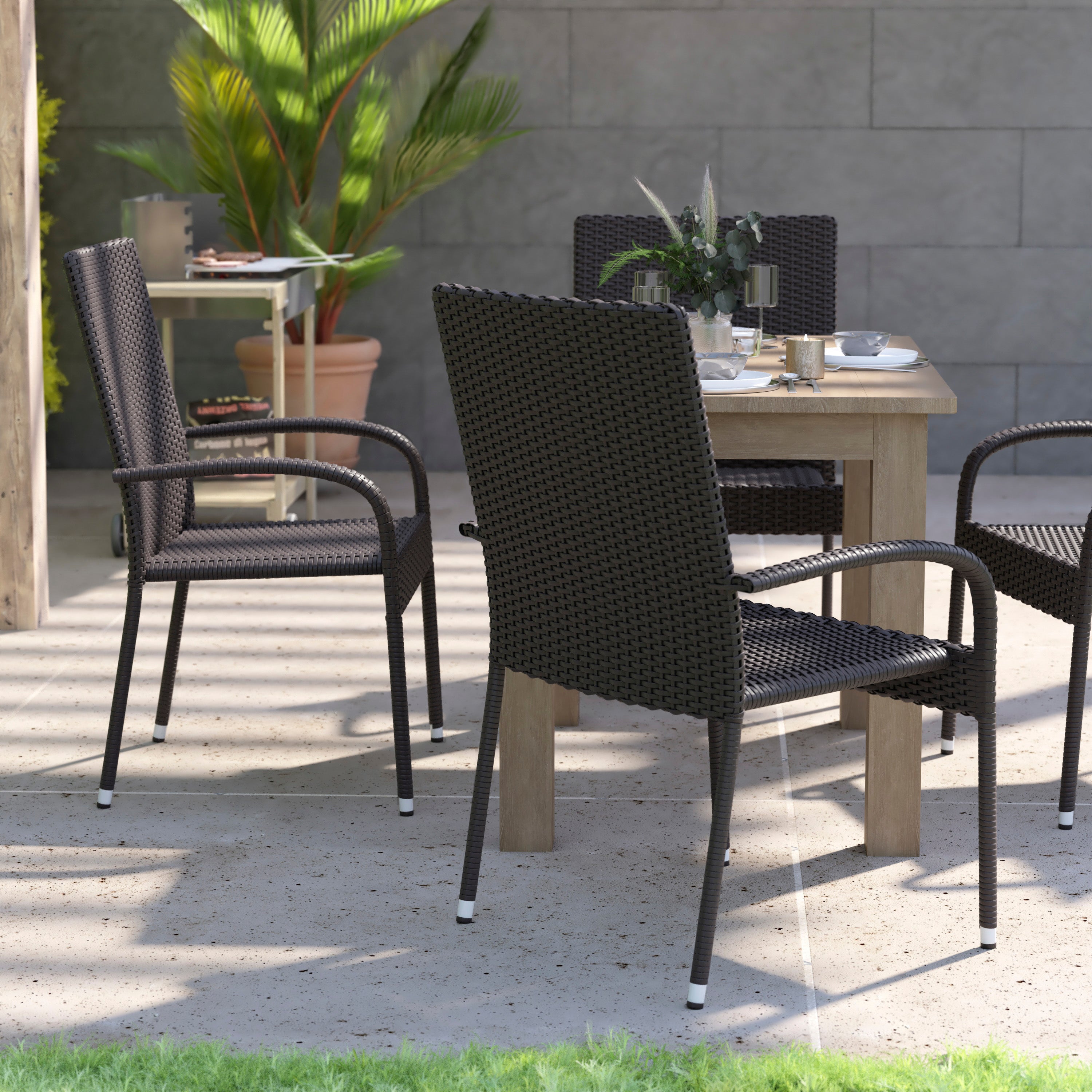 Maxim Set of 4 Stackable Indoor/Outdoor Wicker Dining Chairs with Arms - Fade & Weather-Resistant Steel Frames - Black