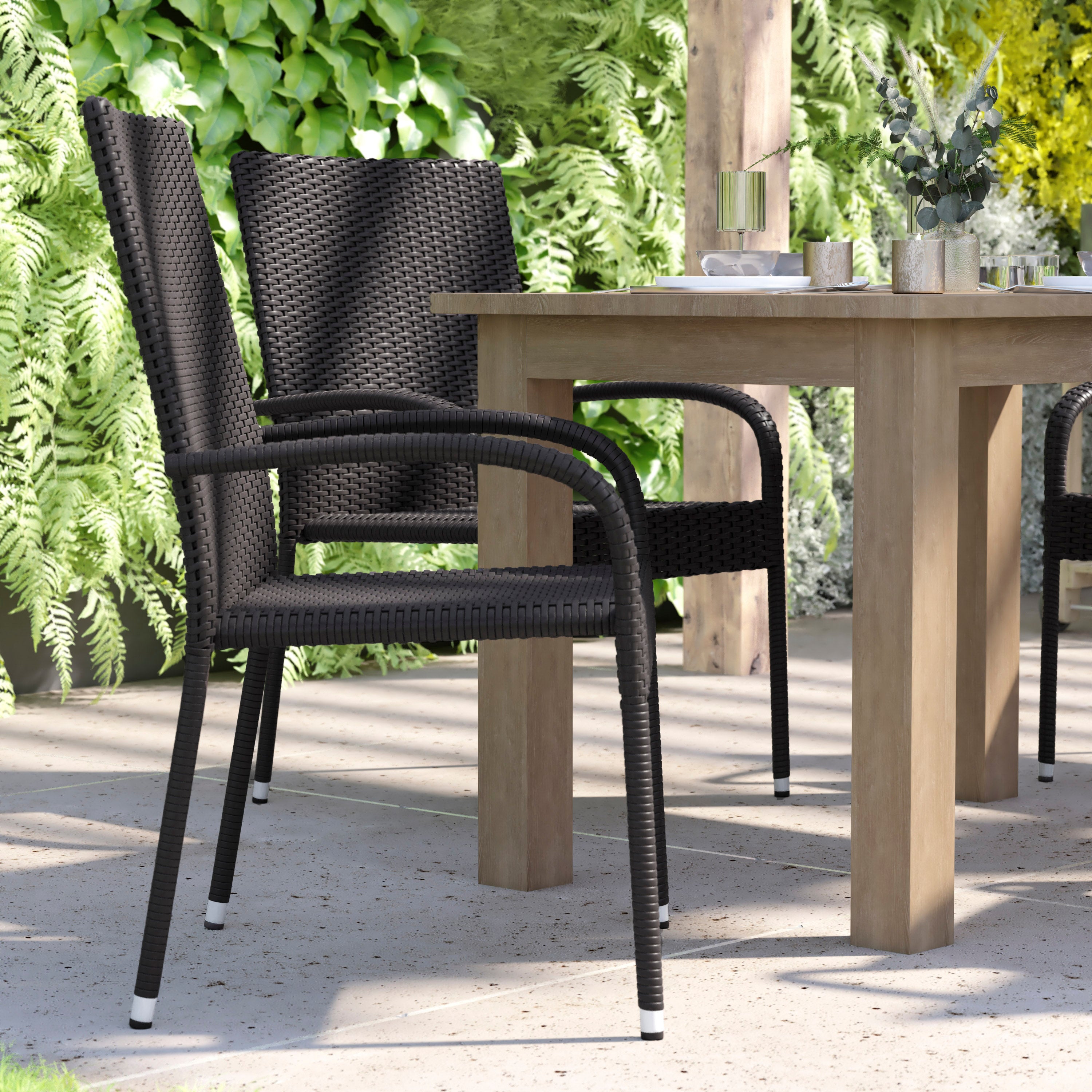Maxim Set of 4 Stackable Indoor/Outdoor Wicker Dining Chairs with Arms - Fade & Weather-Resistant Steel Frames - Black