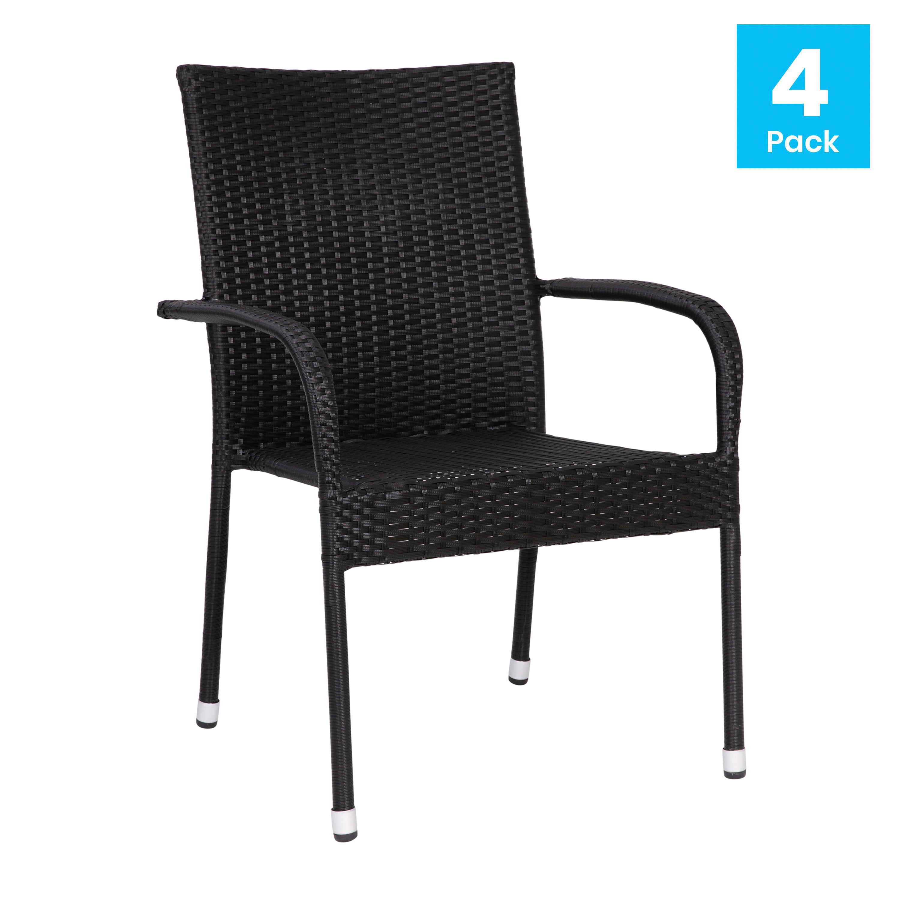 Maxim Set of 4 Stackable Indoor/Outdoor Wicker Dining Chairs with Arms - Fade & Weather-Resistant Steel Frames - Black