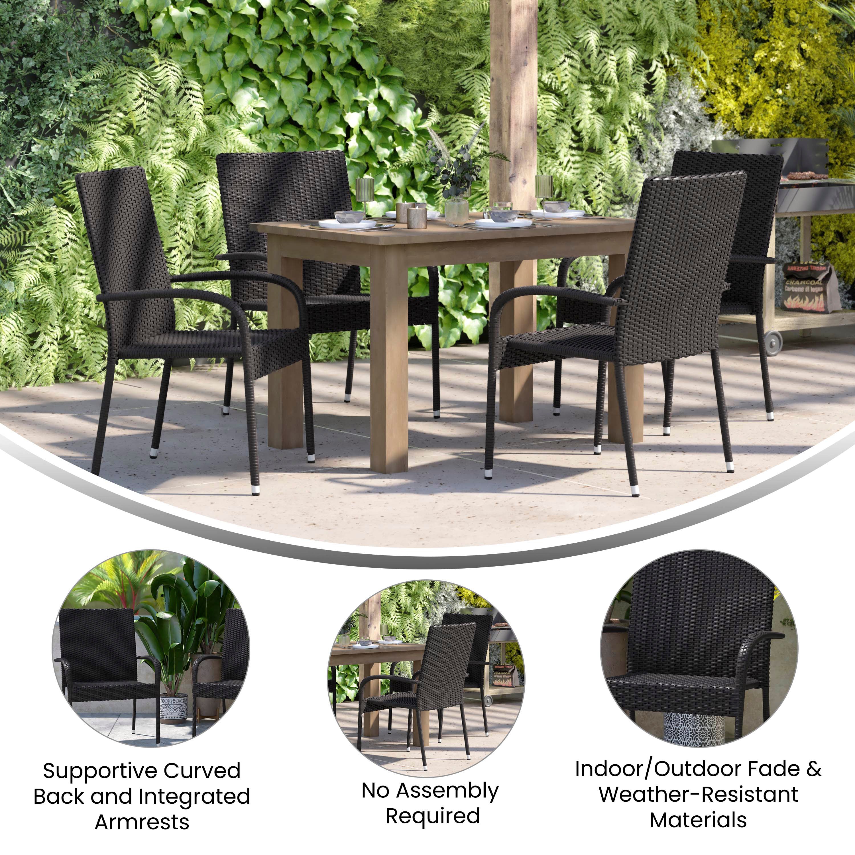 Maxim Set of 4 Stackable Indoor/Outdoor Wicker Dining Chairs with Arms - Fade & Weather-Resistant Steel Frames - Black