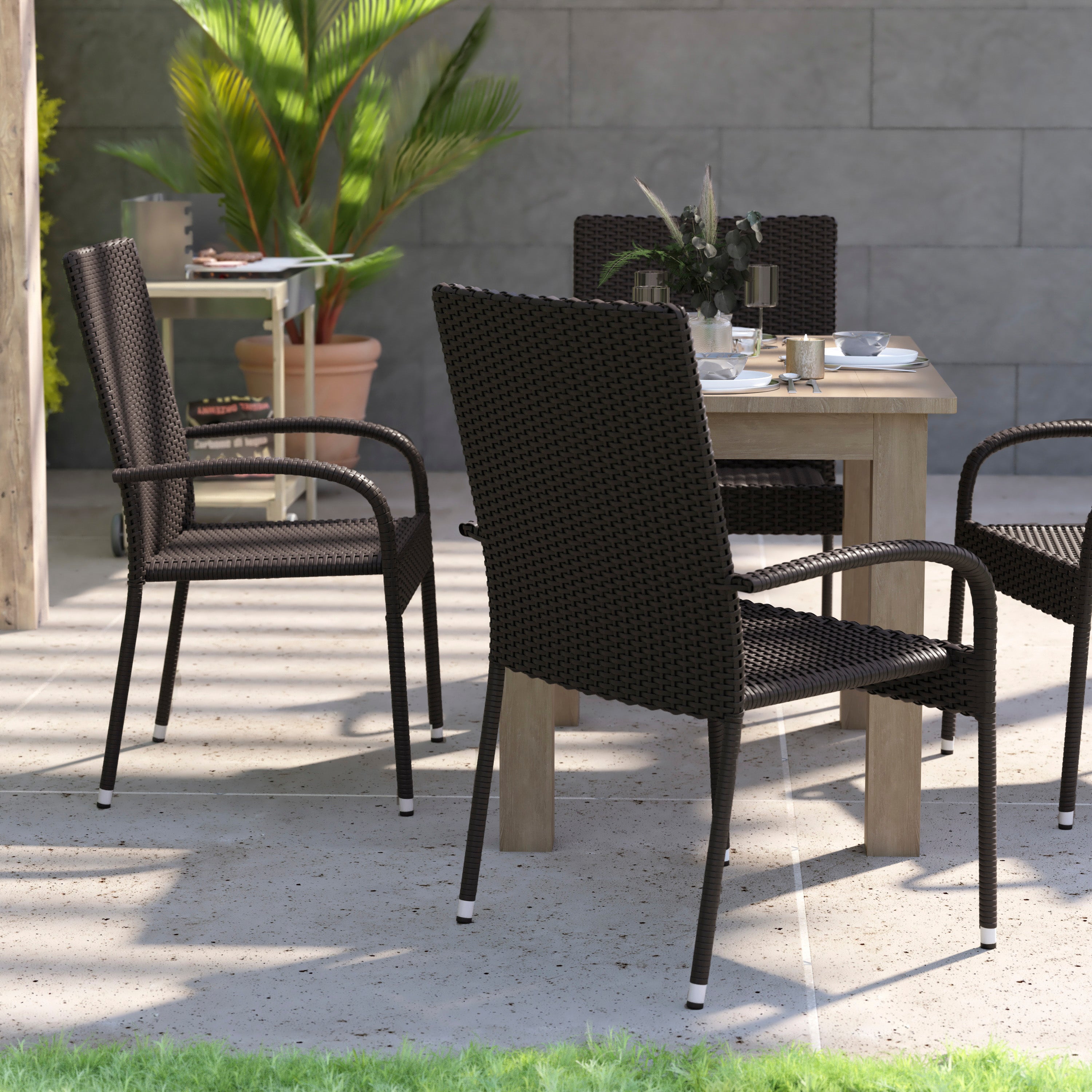 Maxim Set of 4 Stackable Indoor/Outdoor Wicker Dining Chairs with Arms - Fade & Weather-Resistant Steel Frames - Espresso