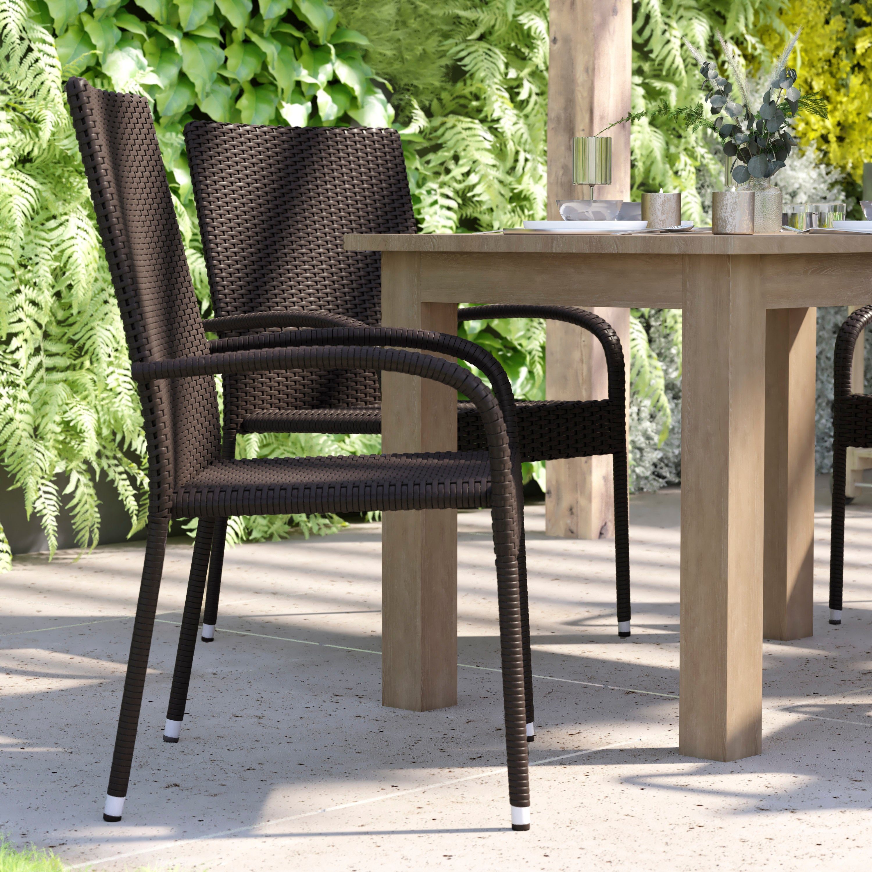 Maxim Set of 4 Stackable Indoor/Outdoor Wicker Dining Chairs with Arms - Fade & Weather-Resistant Steel Frames - Espresso