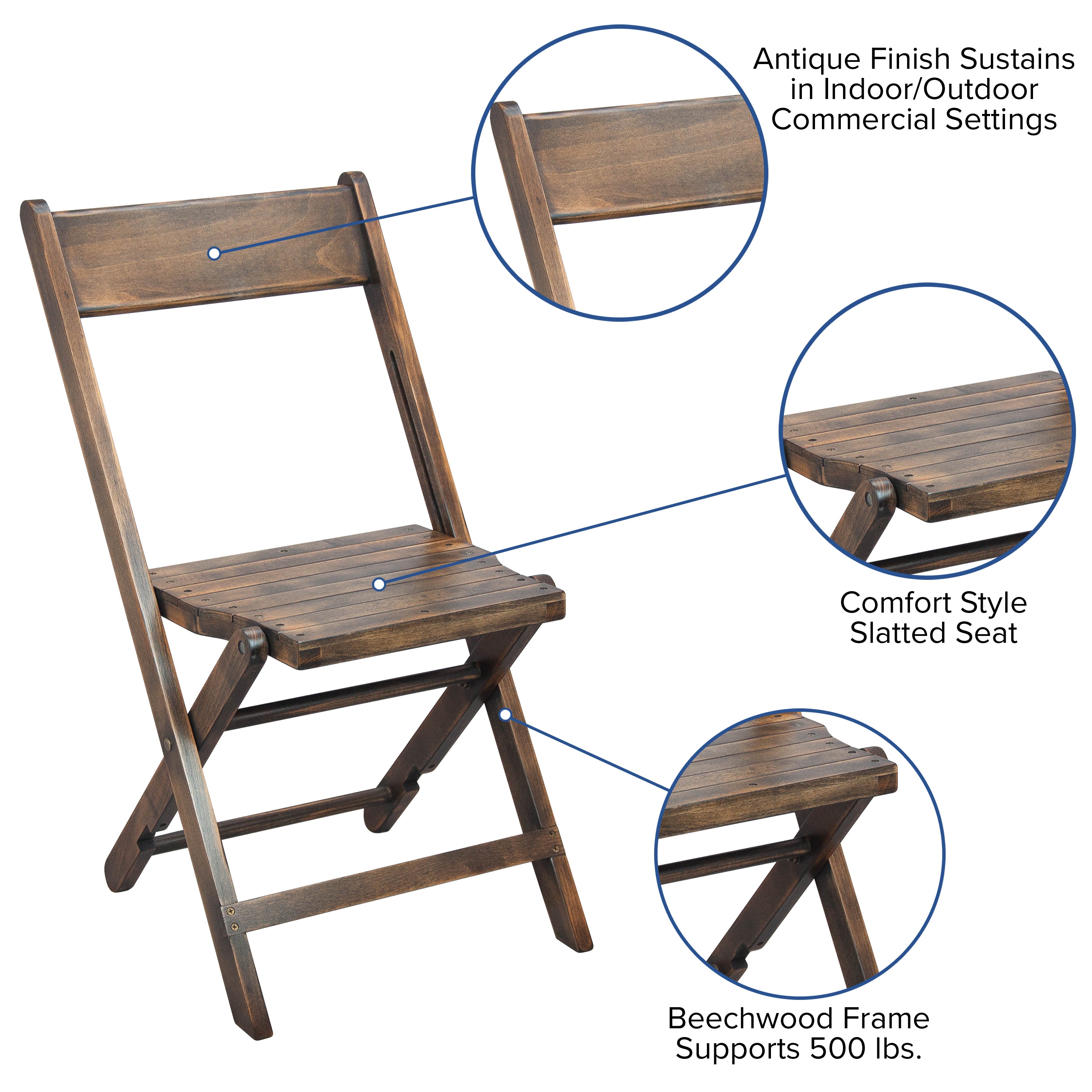 Natalie Commercial Wooden Folding Chair with Slatted Seat and Beechwood Frame, No Assembly Required, Antique Black
