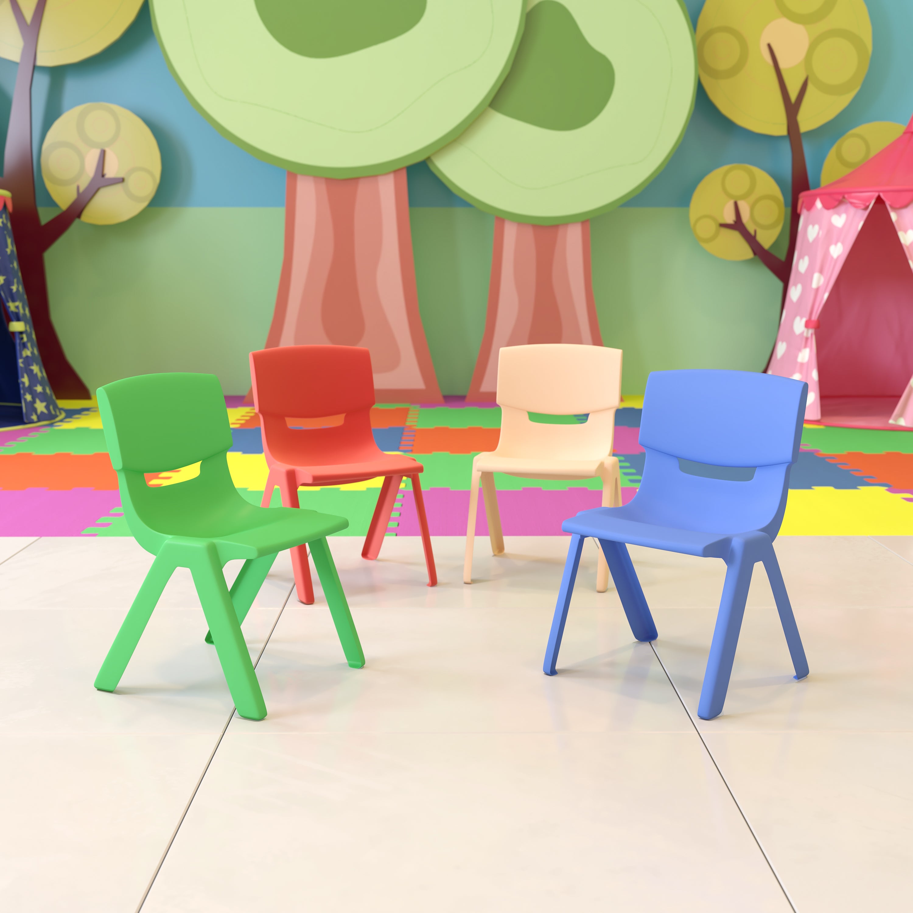 Whitney 4 Pack Plastic Stackable School Chairs with 10.5" Seat Height, Assorted Colors