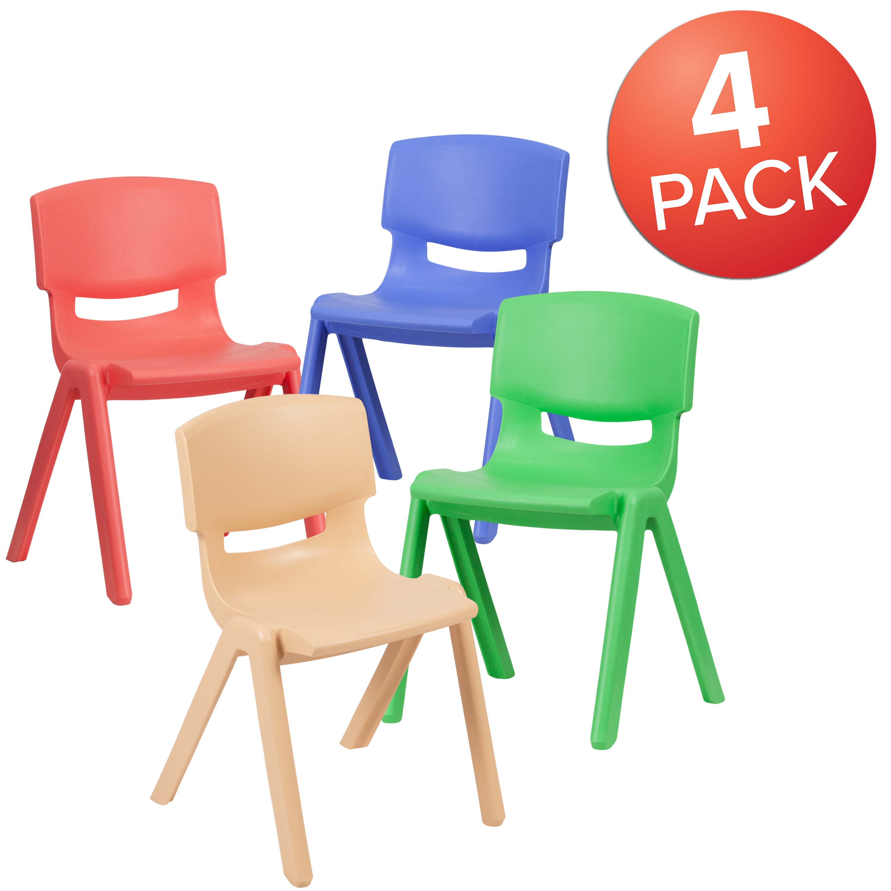 Whitney 4 Pack Plastic Stackable School Chairs with 13.25" Seat Height, Assorted Colors