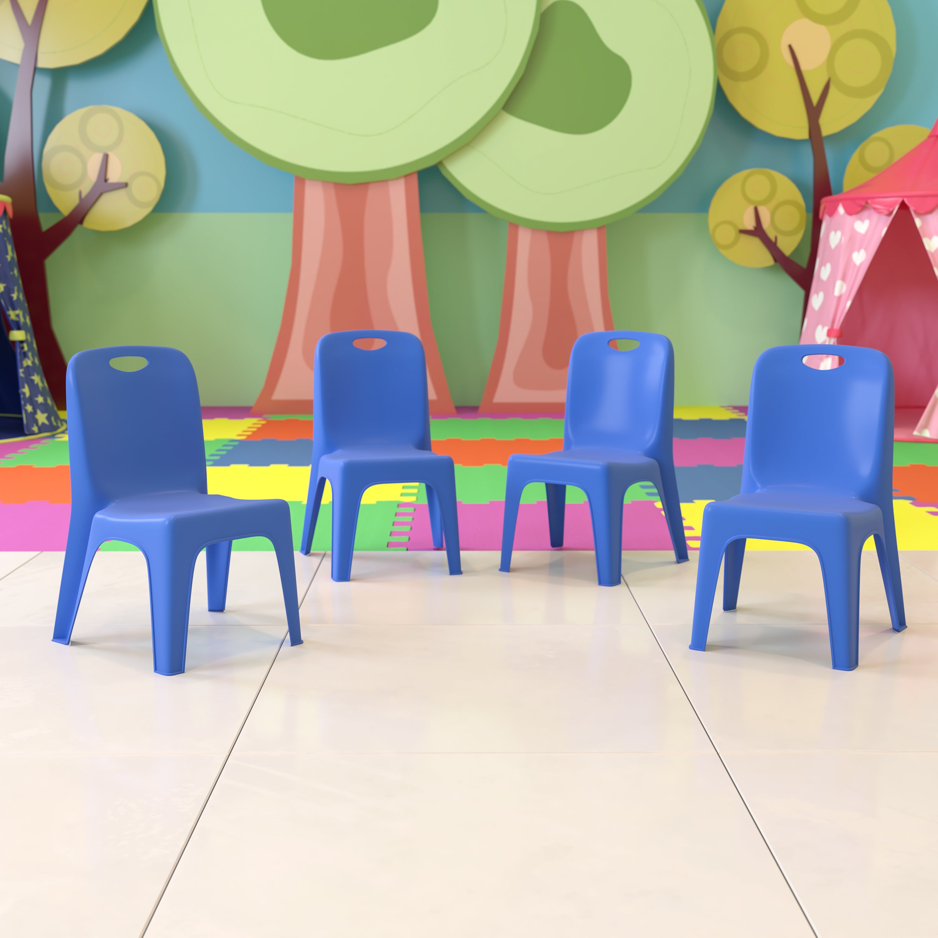 Whitney 4 Pack Blue Plastic Stackable School Chair with Carrying Handle and 11'' Seat Height