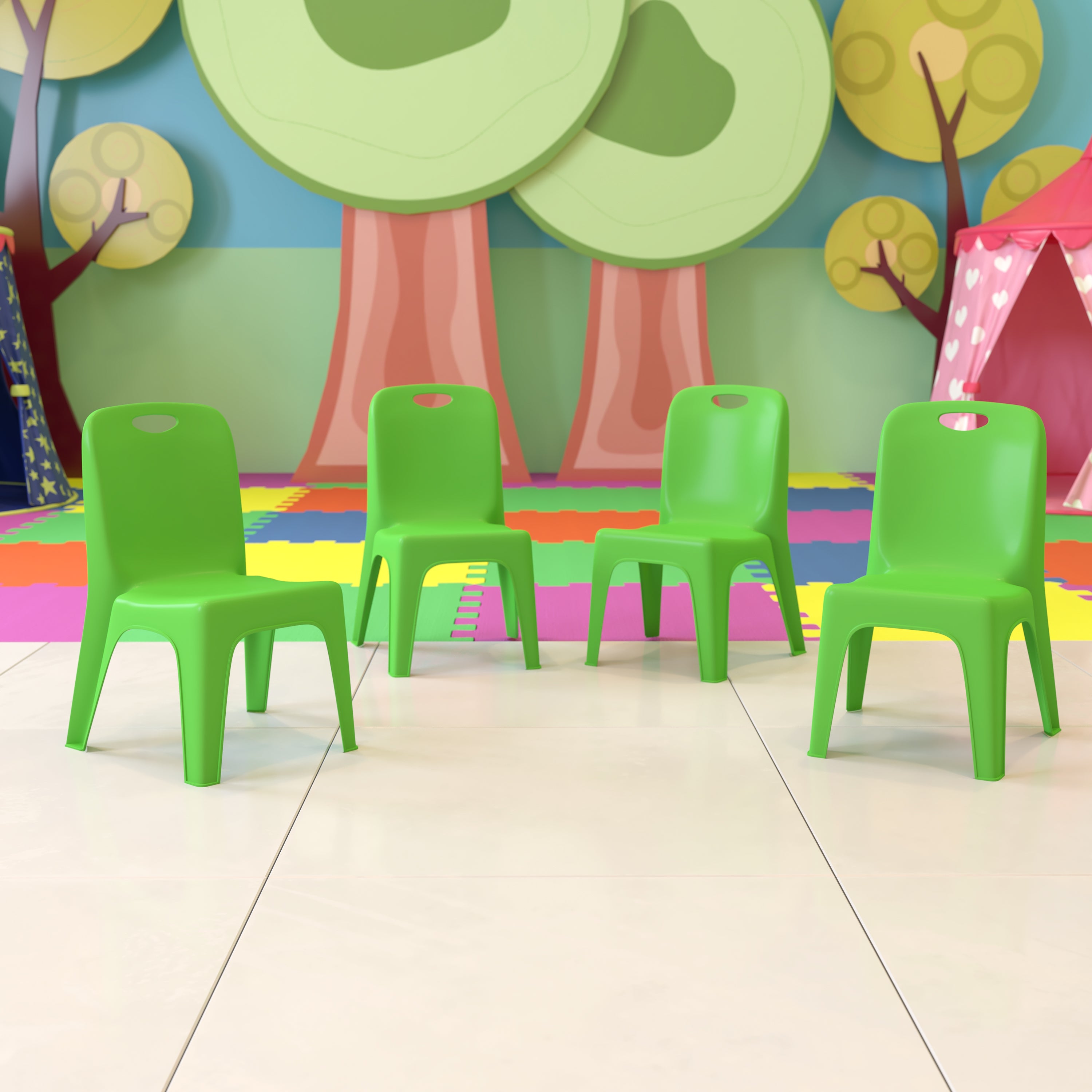Whitney 4 Pack Green Plastic Stackable School Chair with Carrying Handle and 11'' Seat Height