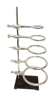 Support Stand with a 6" by 11" Stamped Steel Base, a 36" by 1/2" Rod, and Five Support Rings, Size 2-6"