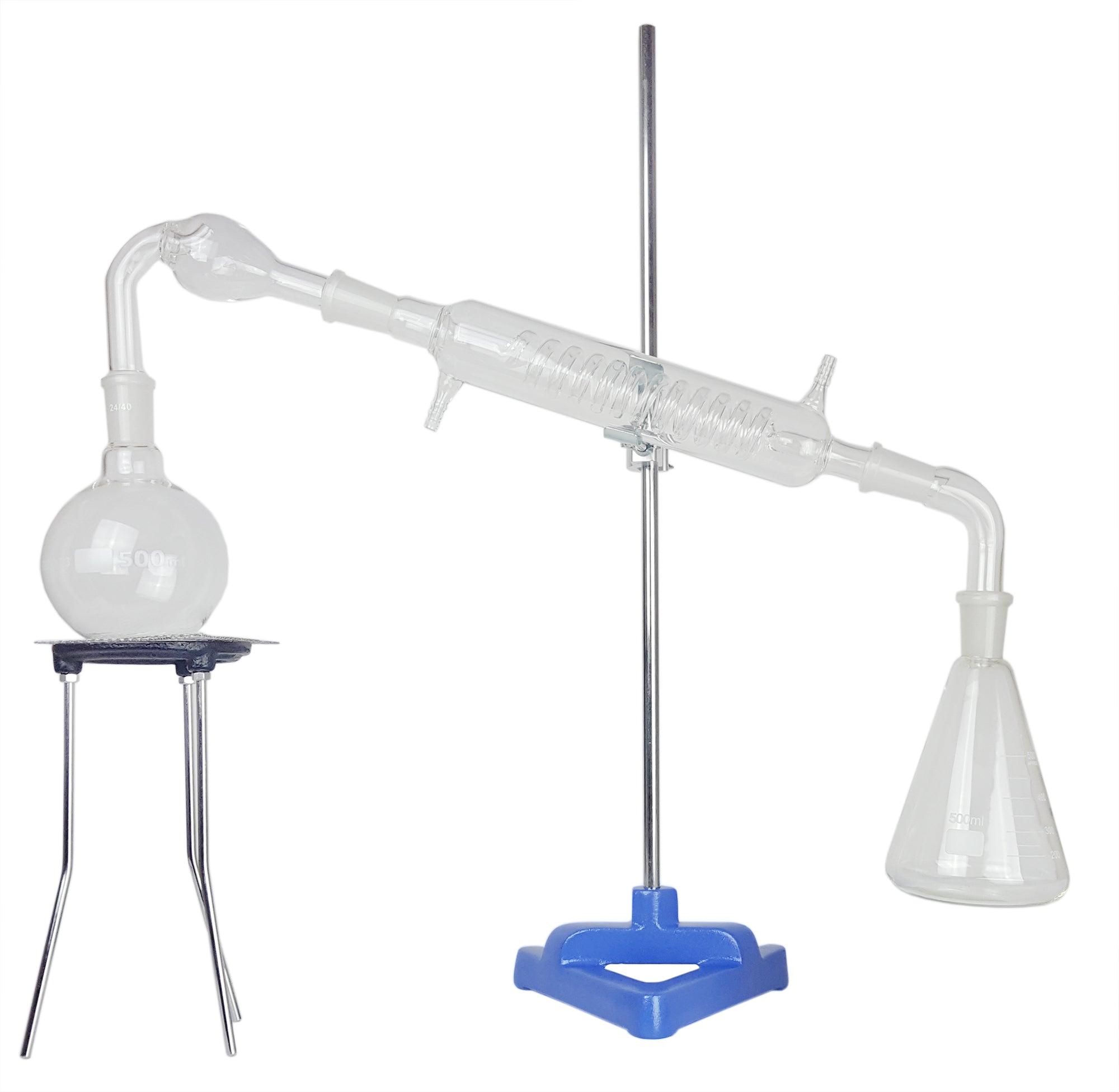 Distilling Kit with borosilicate, ground joint glass pieces and hardware.