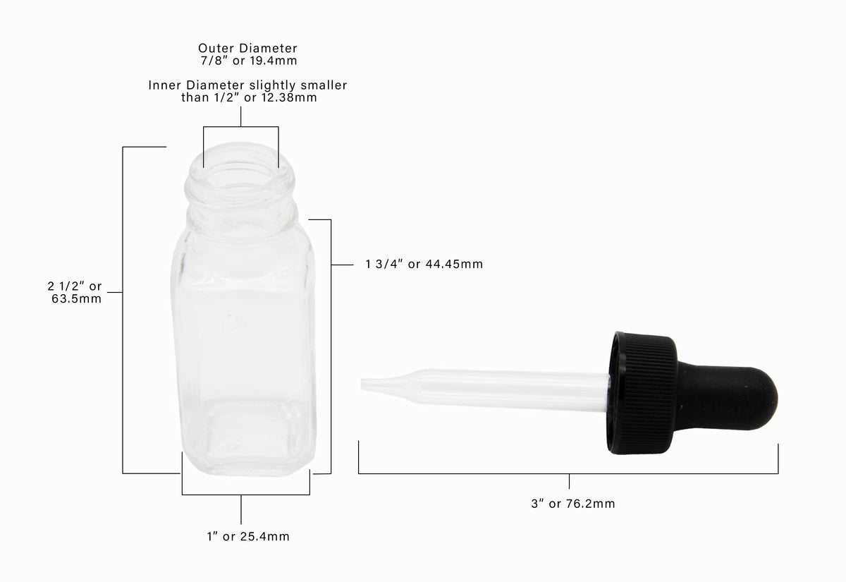 Bottle, Flint Glass, French Square, 1/2oz, with Dropper Assembly, 20/400 Neck Size, Pack of 12