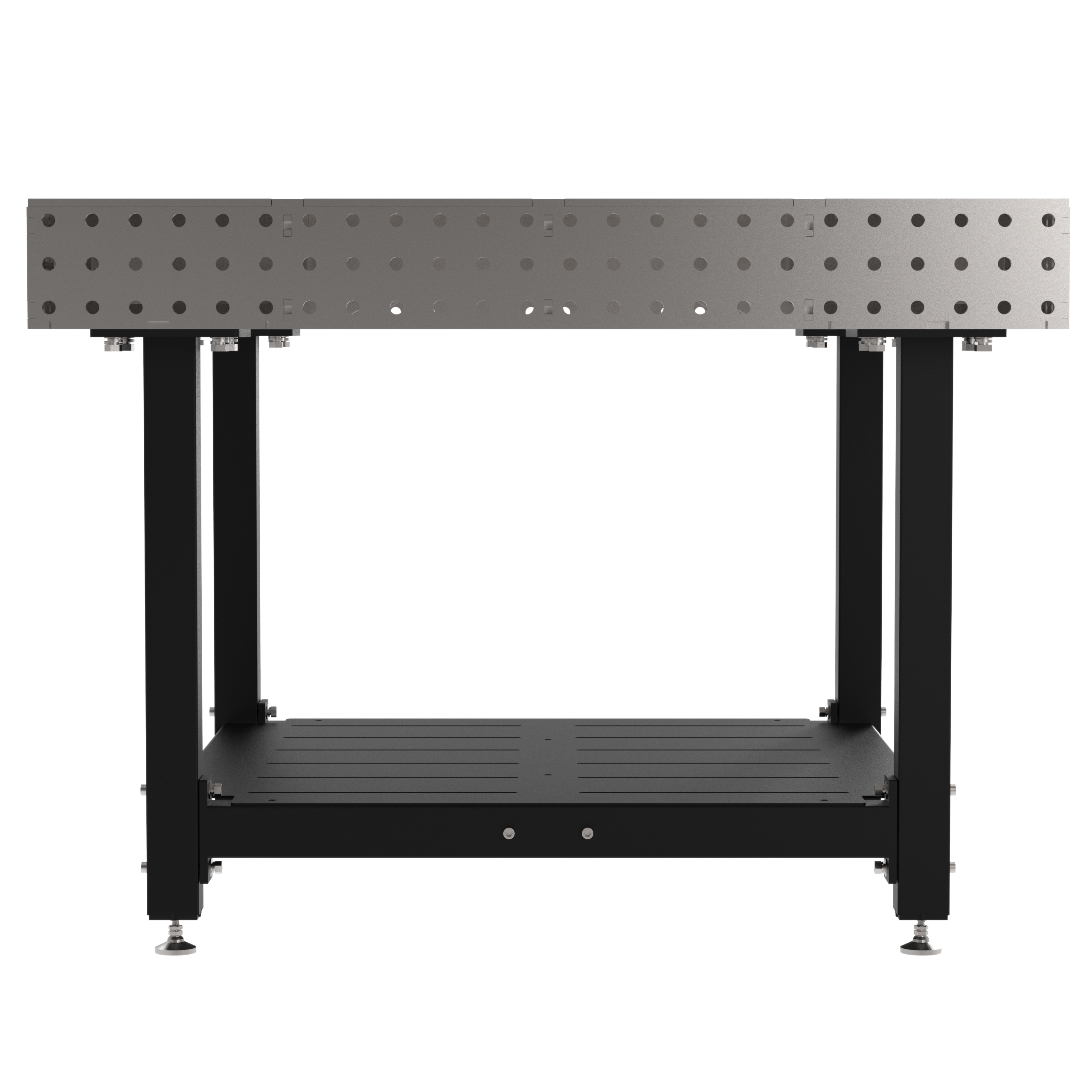 Welding Fixture Table, Fixed Height, 36"H x 48"L x 48"D, 1/4" Carbon Steel Top, Four Black Powdercoat Legs, Shelf, Self-Leveling Feet