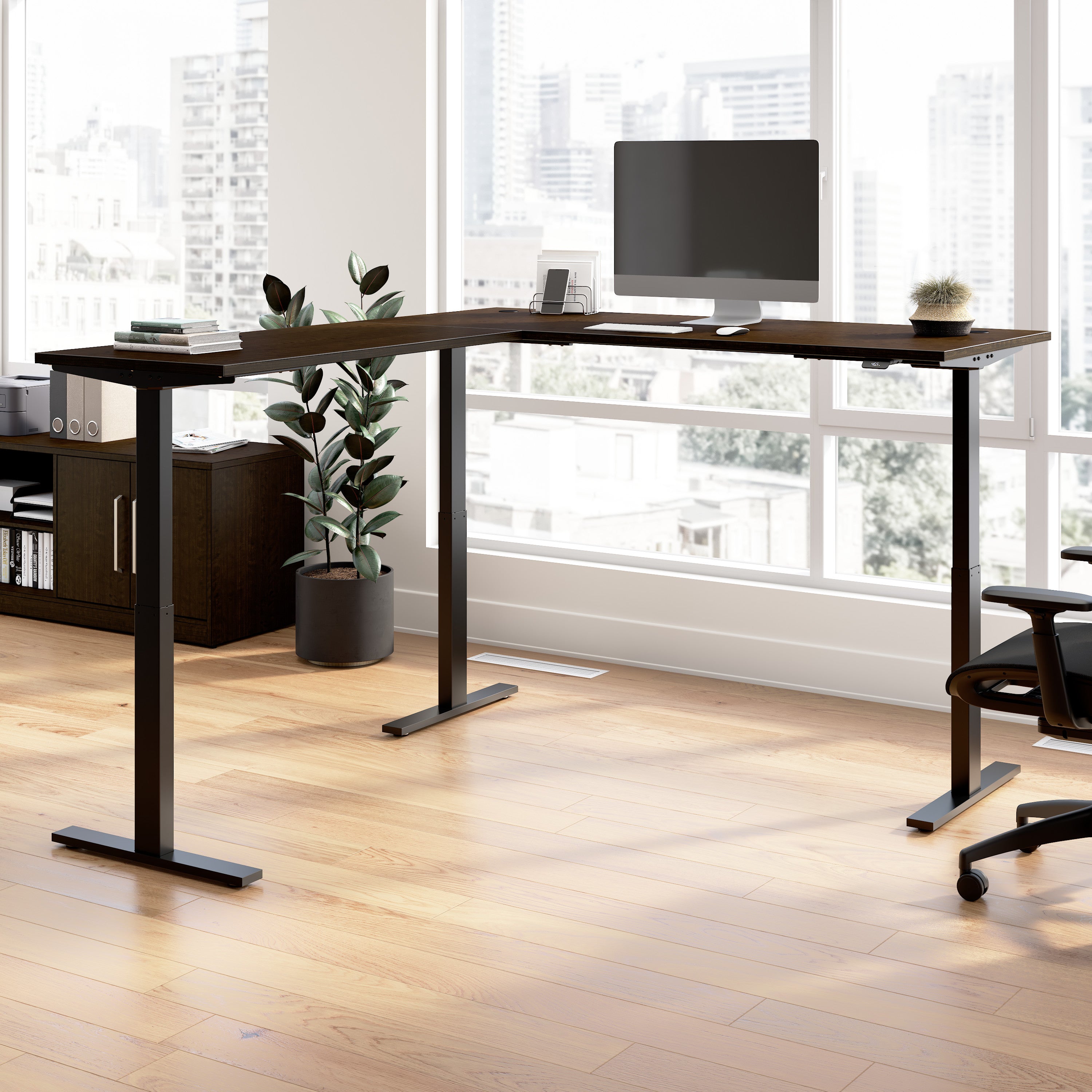 Bush Business Furniture Move 60 Series 72W Height Adjustable L Shaped Standing Desk in Mocha Cherry with Black Base - 71.02" Width x 76.97" Depth x 27.44" Height