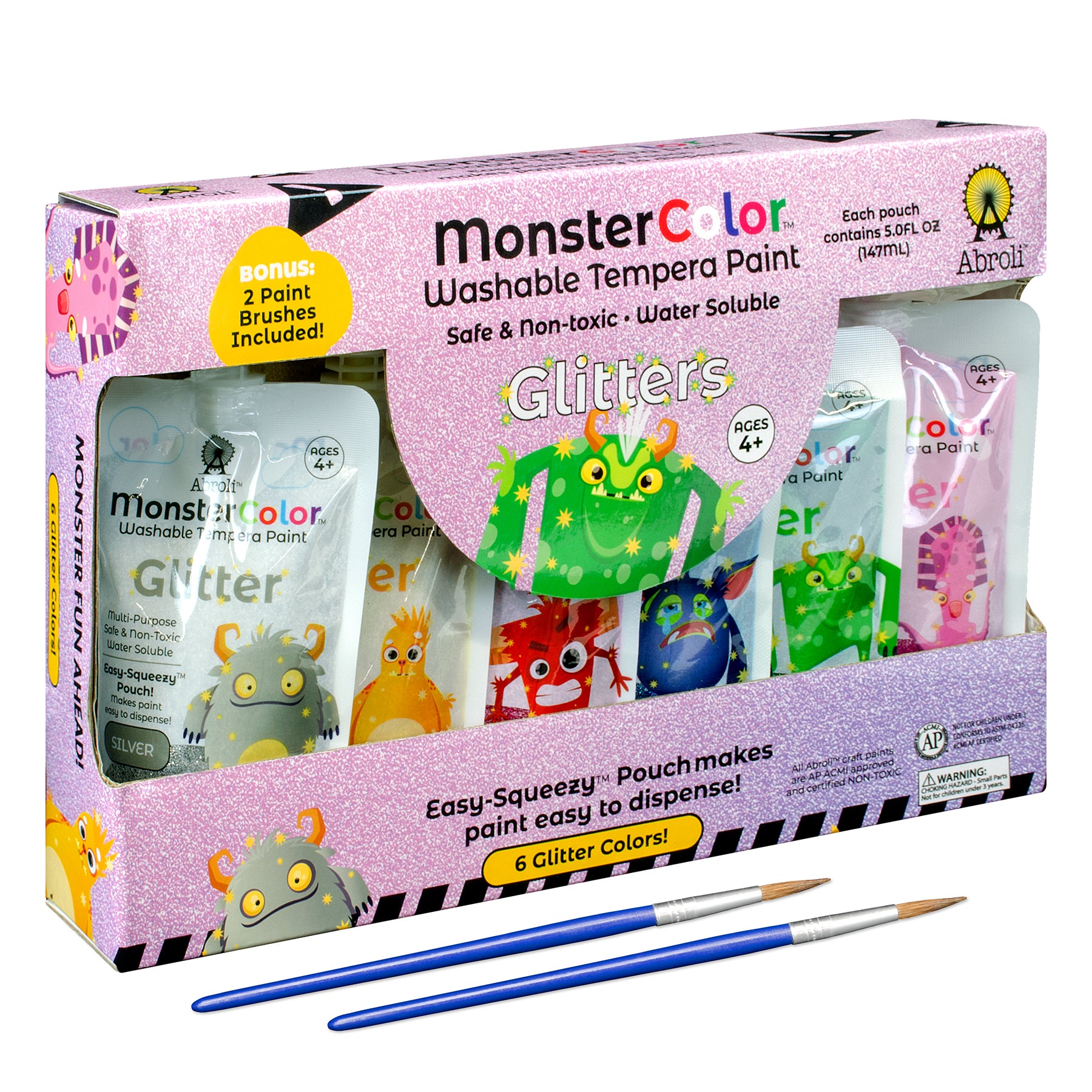 MonsterColor Washable Tempera Paint, 5 oz., Glitter, 6-Pack