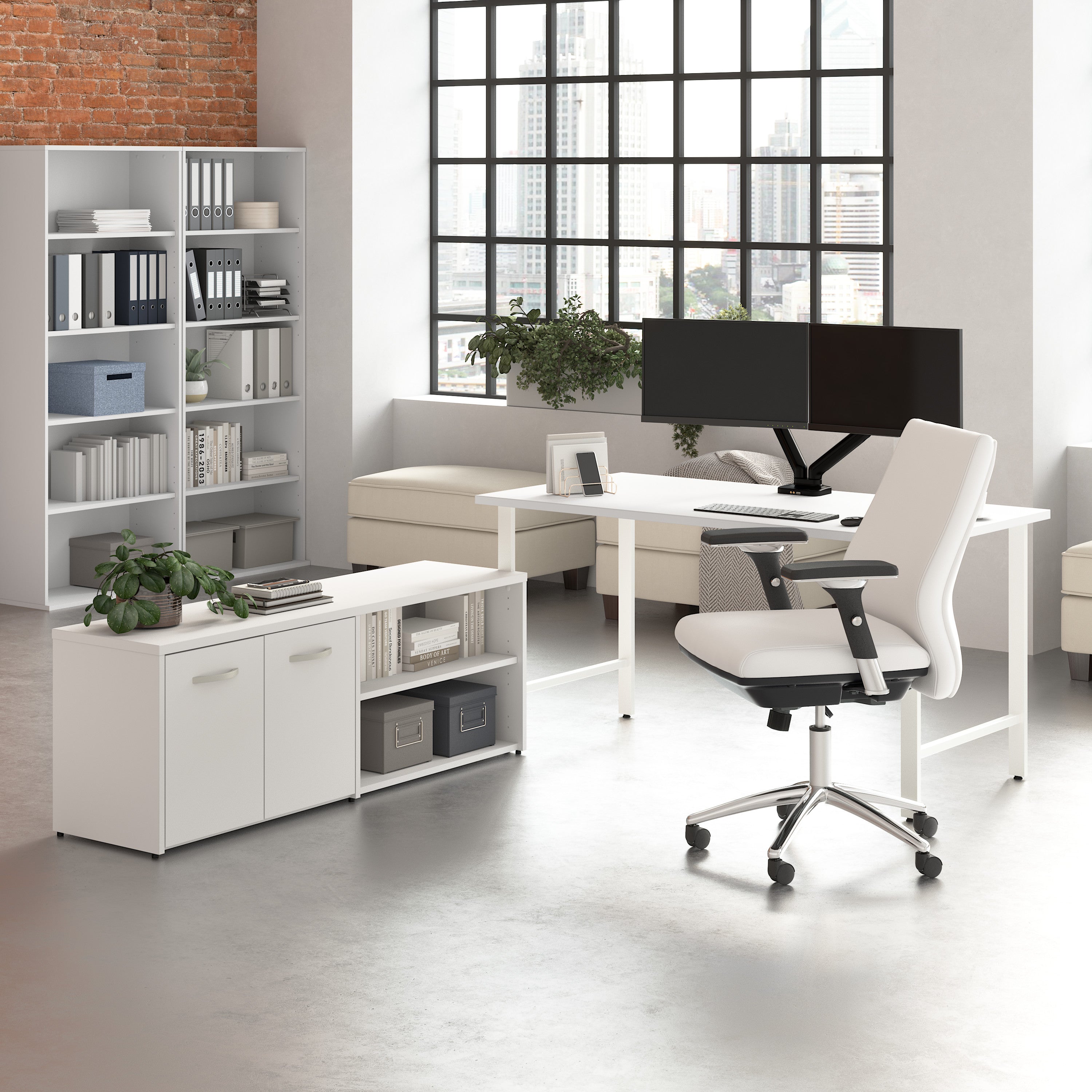 Bush Business Furniture Hustle 60W x 30D Computer Desk and Low Storage Cabinet with Doors and Shelves in White - 59.44" Width x 88.54" Depth x 30.07" Height