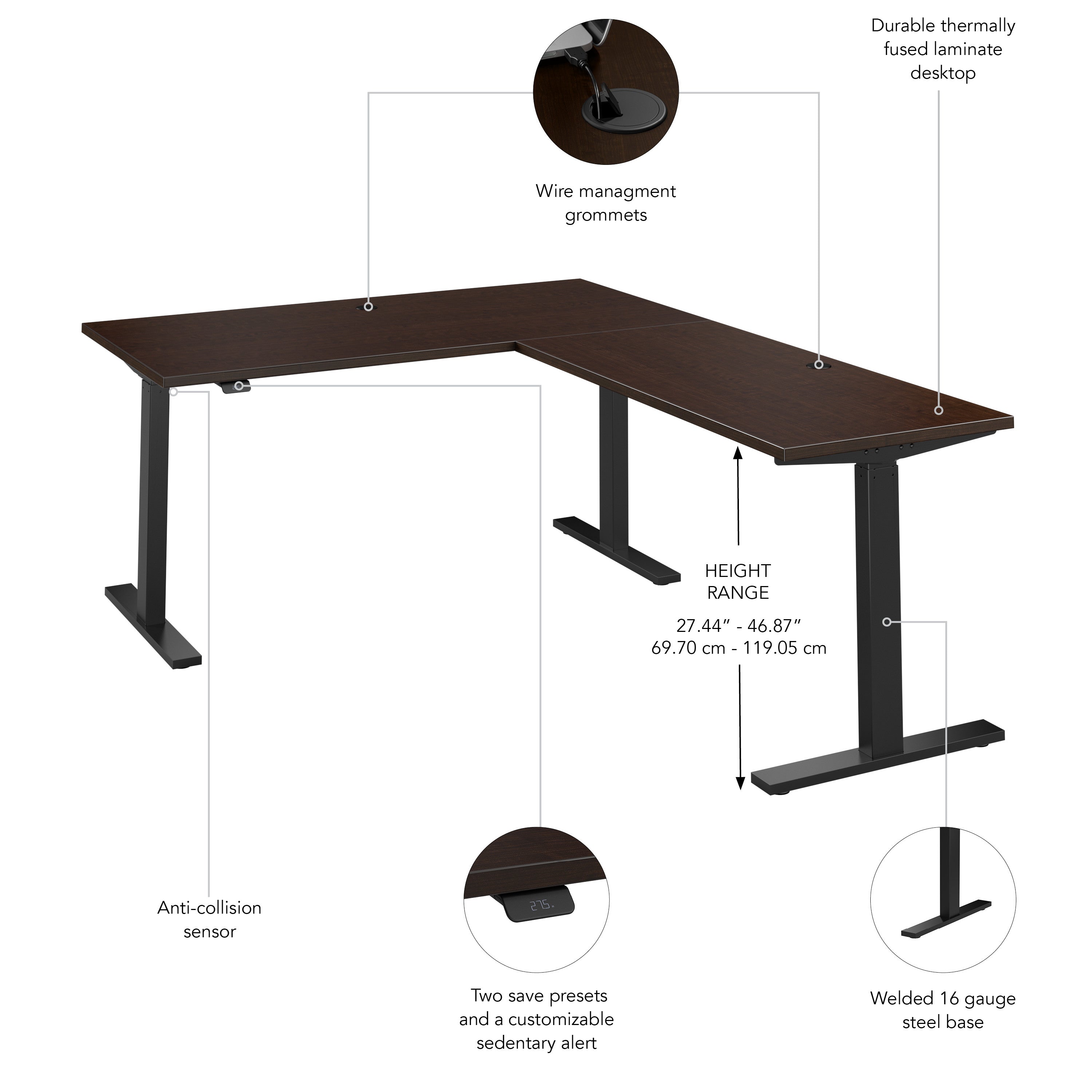 Bush Business Furniture Move 60 Series 60W Height Adjustable L Shaped Standing Desk in Mocha Cherry with Black Base - 59.45" Width x 76.97" Depth x 27.44" Height
