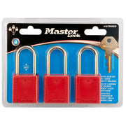3-Keyed-Alike Red Zenex™ thermoplastic safety padlocks in carded packaging, 38mm wide with 38mm tall shackle