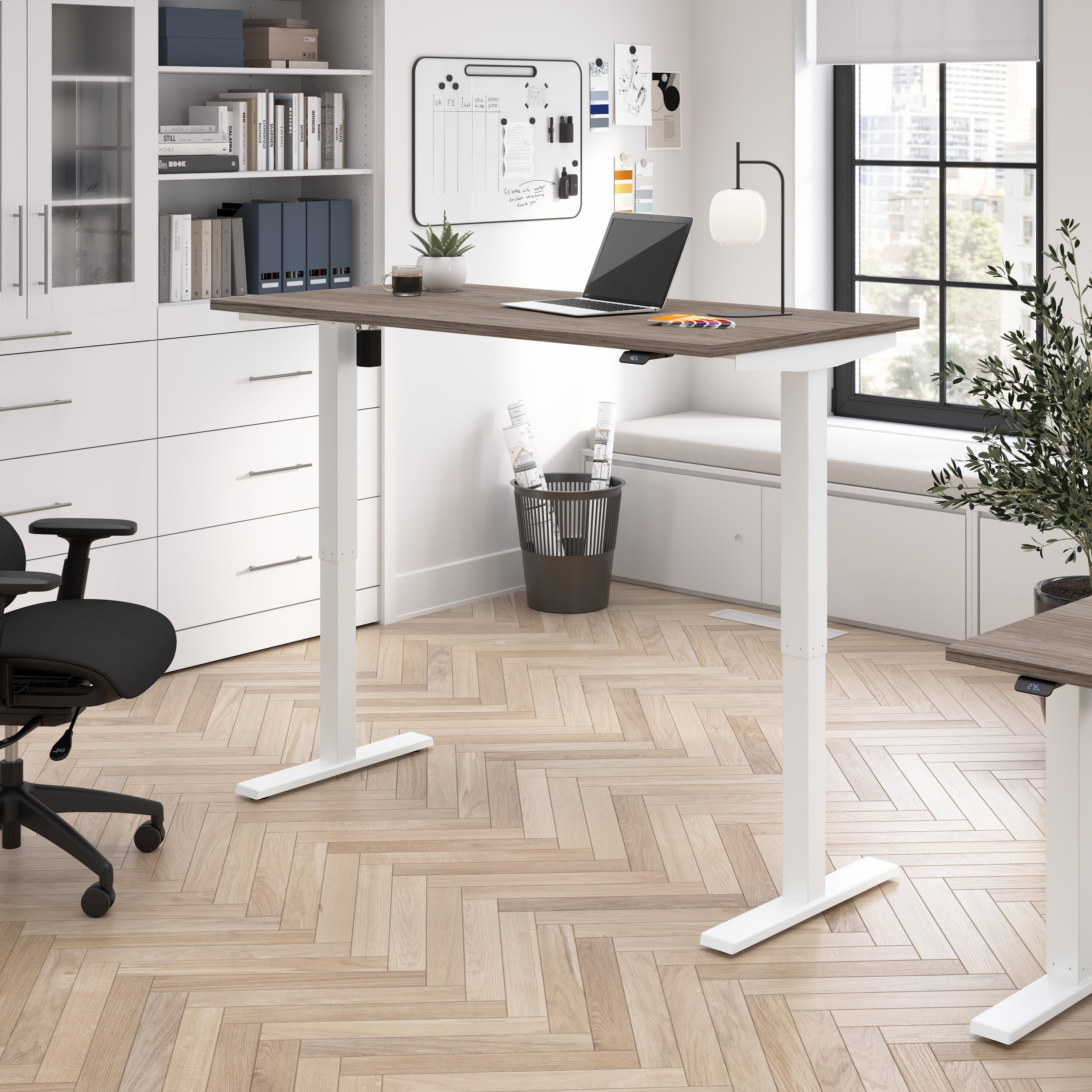 Bush Business Furniture Move 40 Series 60W x 30D Electric Height Adjustable Standing Desk in Modern Hickory with White Base - 59.45" Width x 29.37" Depth x 28.17" Height