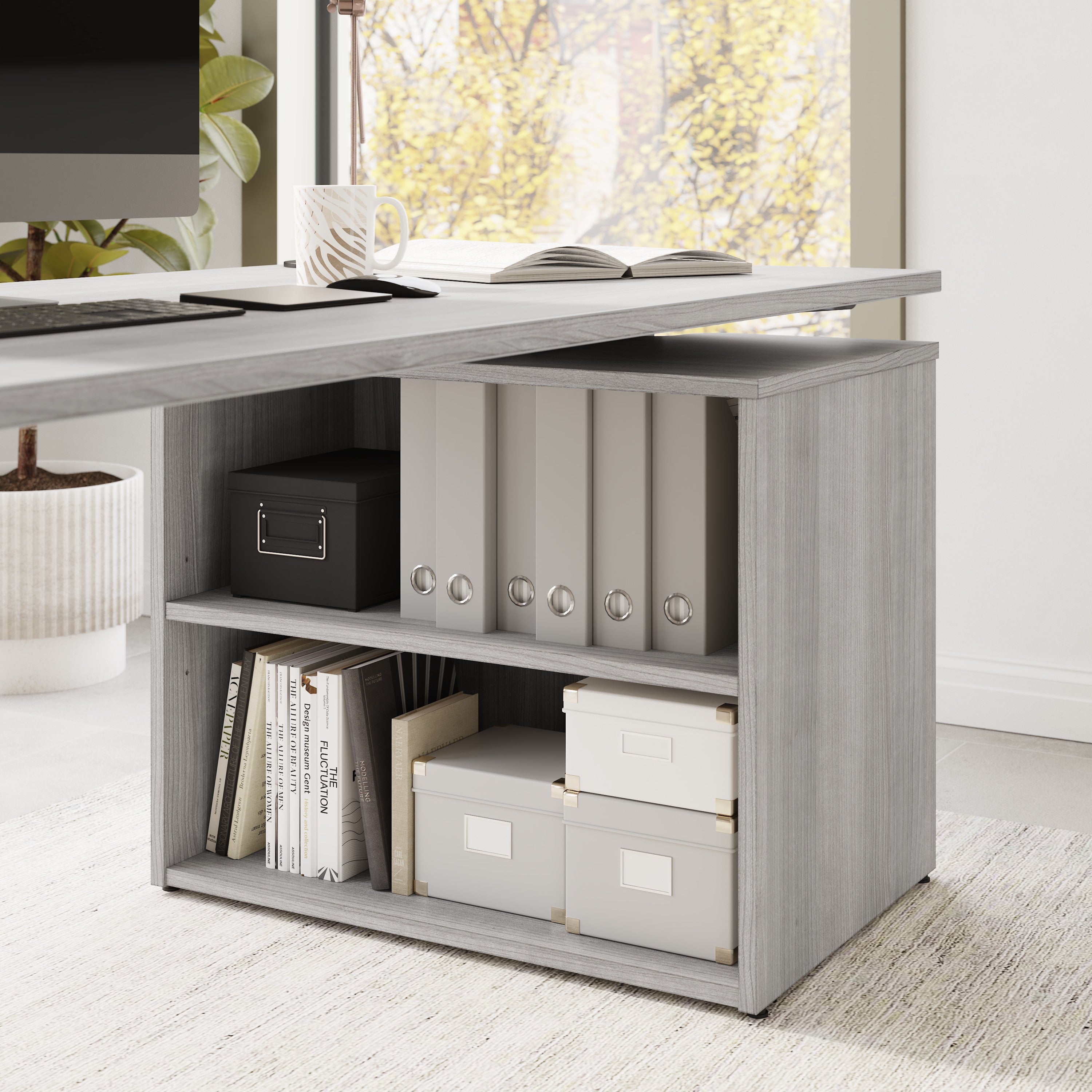 Bush Business Furniture Stratus&nbsp;60W x&nbsp;30D Electric Height Adjustable Standing Desk with Bookcase in Platinum Gray with Metallic Gray Base - 59.45" Width x 29.37" Depth x 27.44" Height