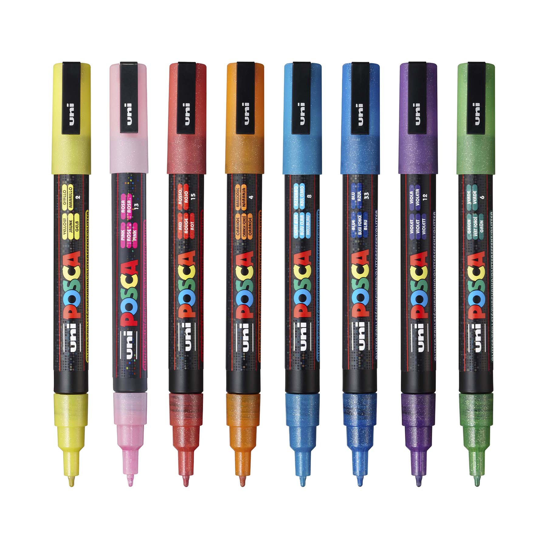 uni® POSCA PC-3ML Water-Based Glitter Paint Markers, Reversible Fine Tip (0.9-1.3mm), Assorted Colors, 8 Pack