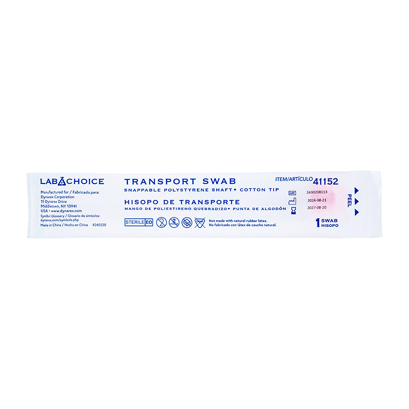 Transport Swab, Sterile, Snappable Shaft, Cotton Tip - 1 per pouch/100 pouches per Bag//10 Bags per Case