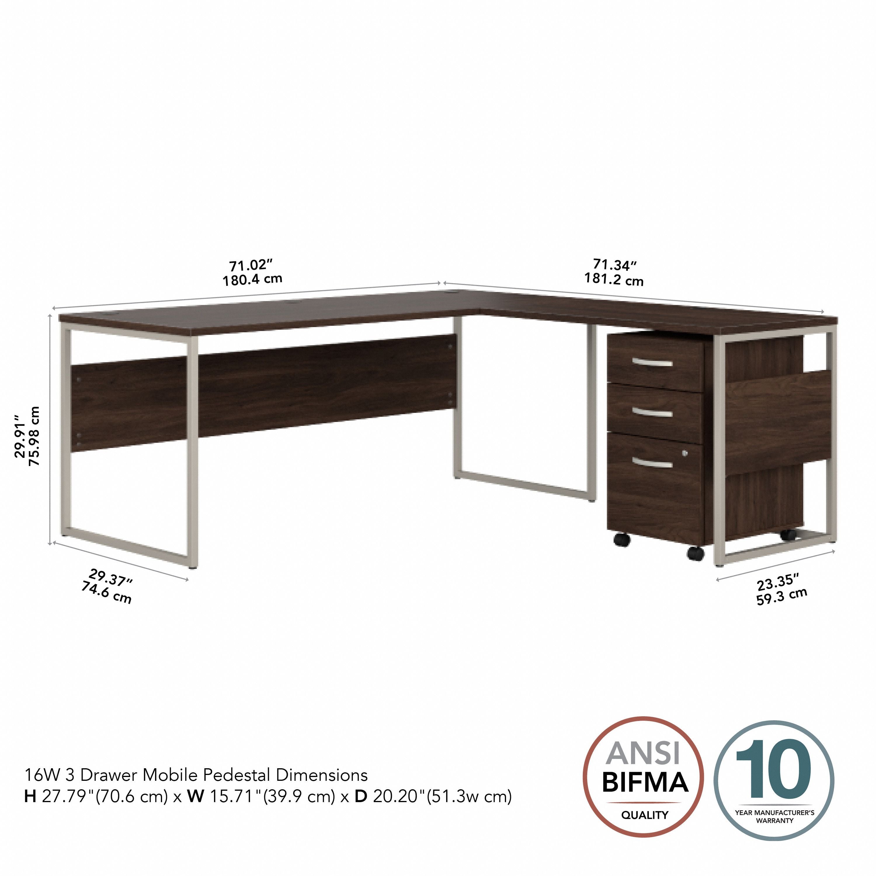 Bush Business Furniture Hybrid 72W x 30D L Shaped Table Desk with Mobile File Cabinet in Black Walnut - 71.02" Width x 71.34" Depth x 29.91" Height