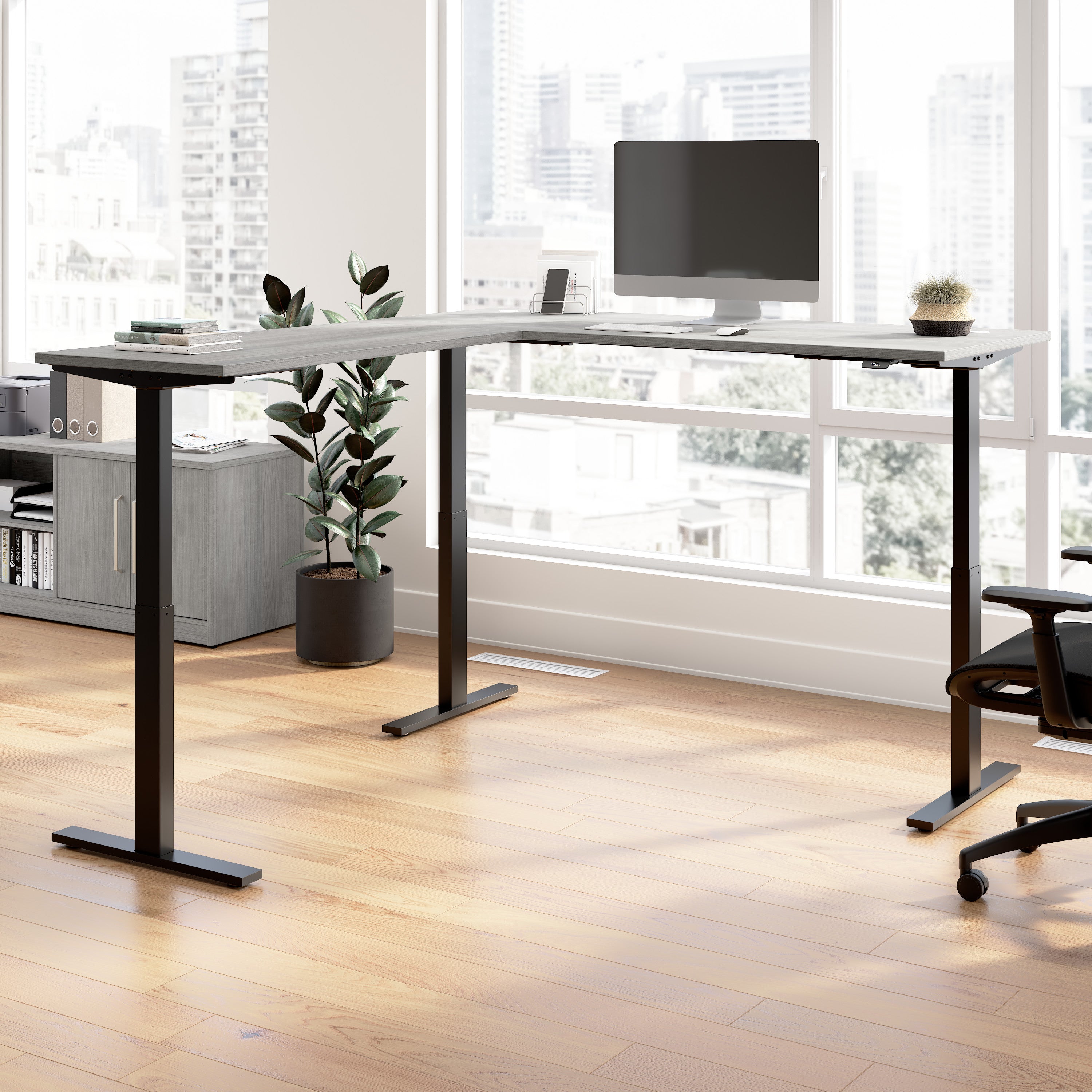 Bush Business Furniture Move 60 Series 72W Height Adjustable L Shaped Standing Desk in Platinum Gray with Black Base - 71.02" Width x 76.97" Depth x 27.44" Height
