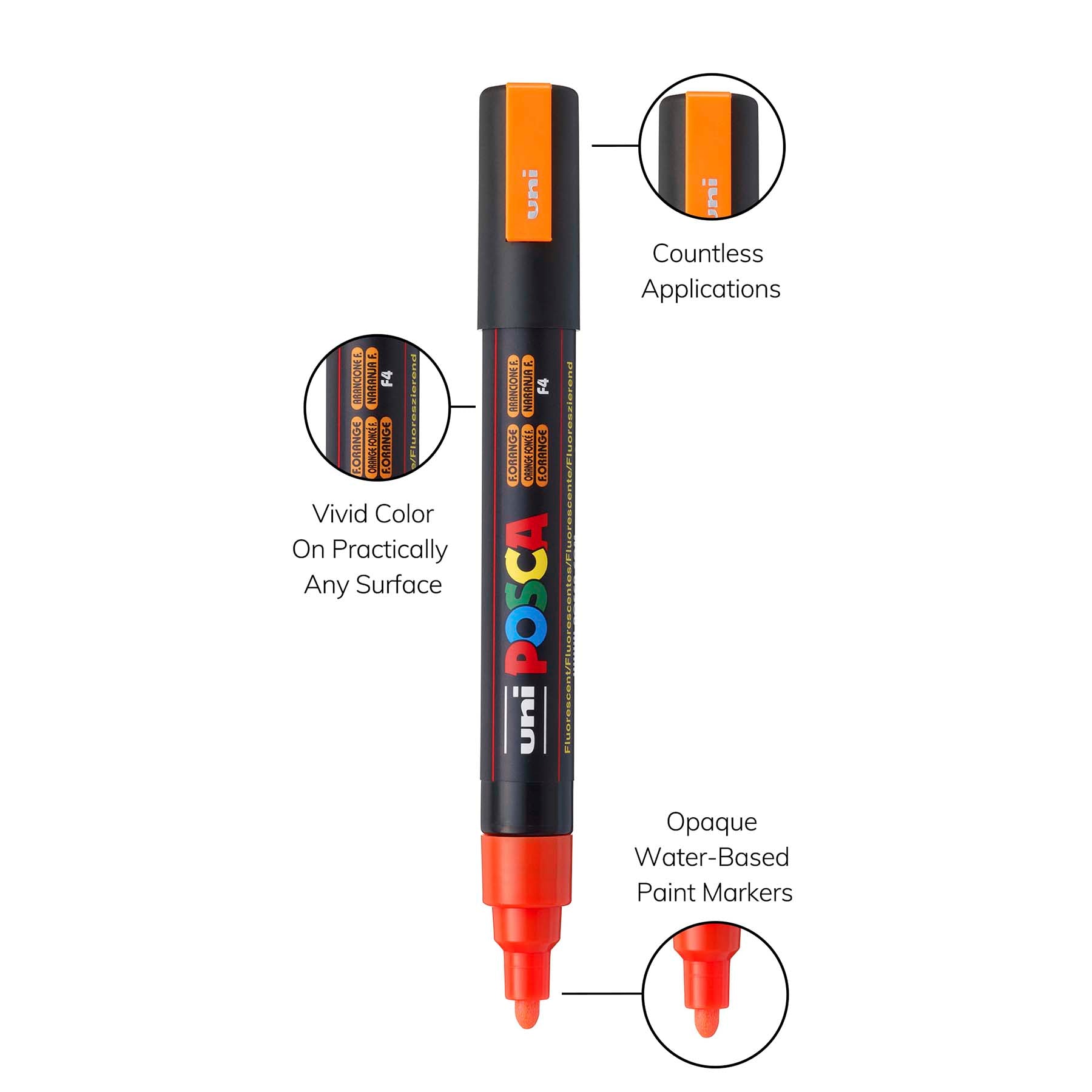 uni® POSCA PC-5M Water-Based Paint Markers, Reversible Medium Tip (1.8-2.5mm), Fluorescent Orange