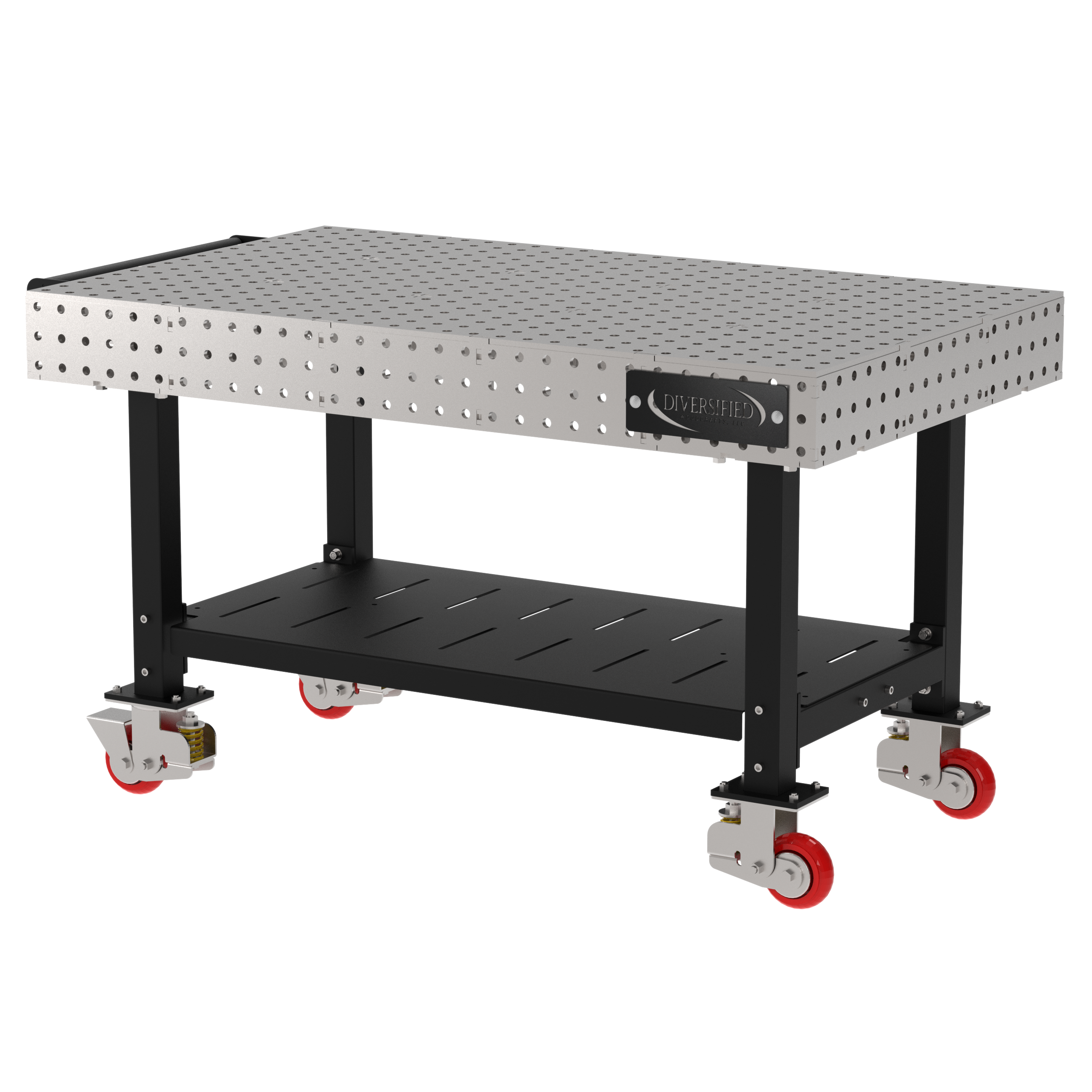 Welding Fixture Table, Fixed Height, 36"H x 60"L x 36"D, 1/4" Carbon Steel Top, Four Black Powdercoat Legs, Shelf, Handle, 4 Heavy Duty Suspension Casters (2 Locking/Swiveling Casters and 2 Non-Locking/Non-SwivelingCasters)