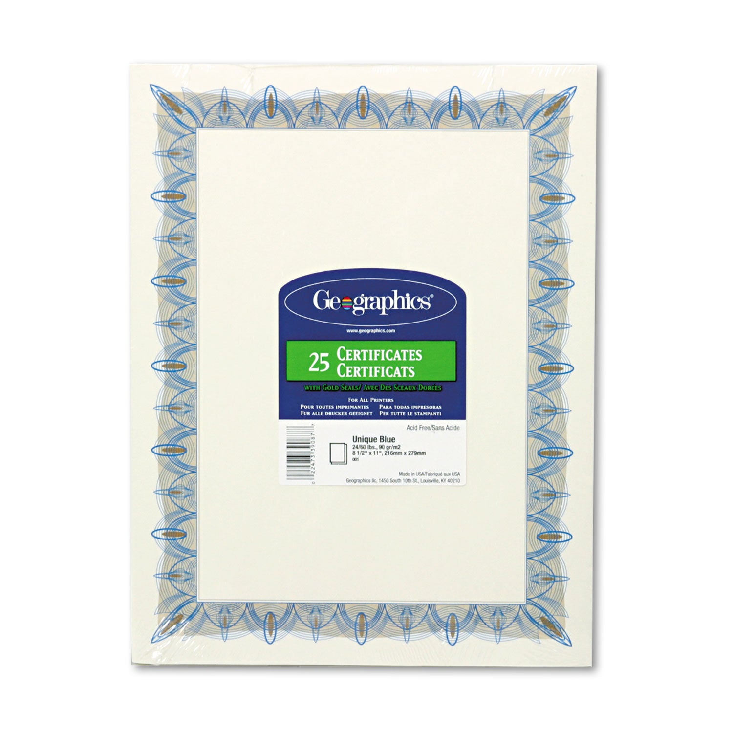 Geographics Gold Seal Parchment Certificates - 24 lb Basis Weight - 8.5" Width x 11" Length - Inkjet, Laser Compatible - Blue with Blue Border - Parchment Paper - 25 / Pack