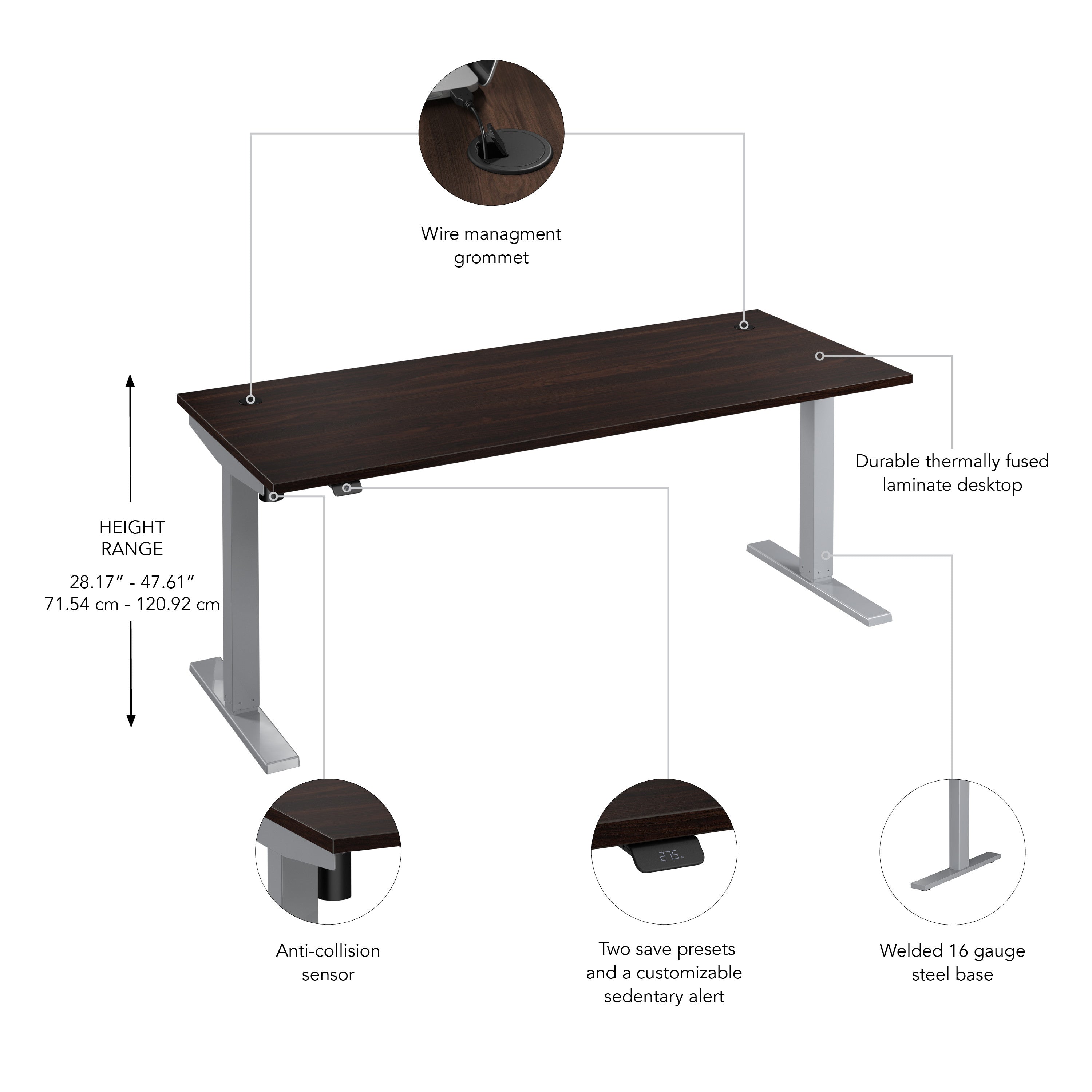 Bush Business Furniture Move 40 Series 72W x 30D Electric Height Adjustable Standing Desk in Black Walnut with Metallic Gray Base - 71.02" Width x 29.37" Depth x 28.17" Height