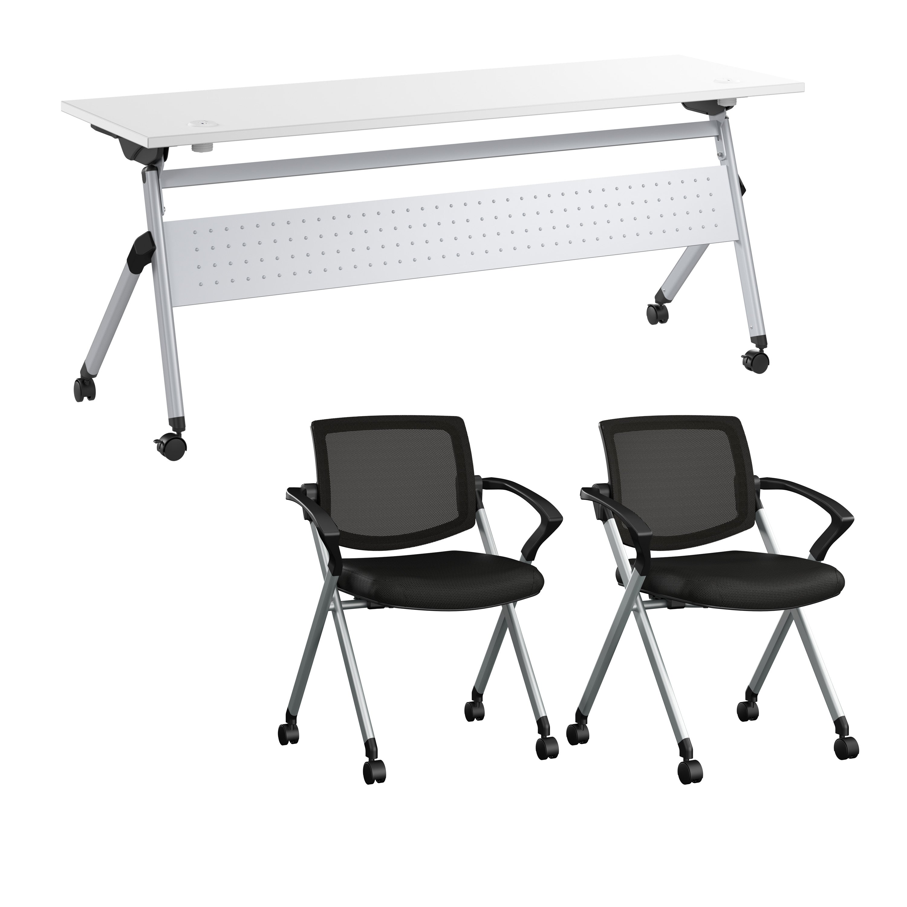 Bush Business Furniture Envision 72W Training Table with Powered Grommets and 2 Chairs with Arms in White - 71.02" Width x 23.54" Depth x 32.87" Height