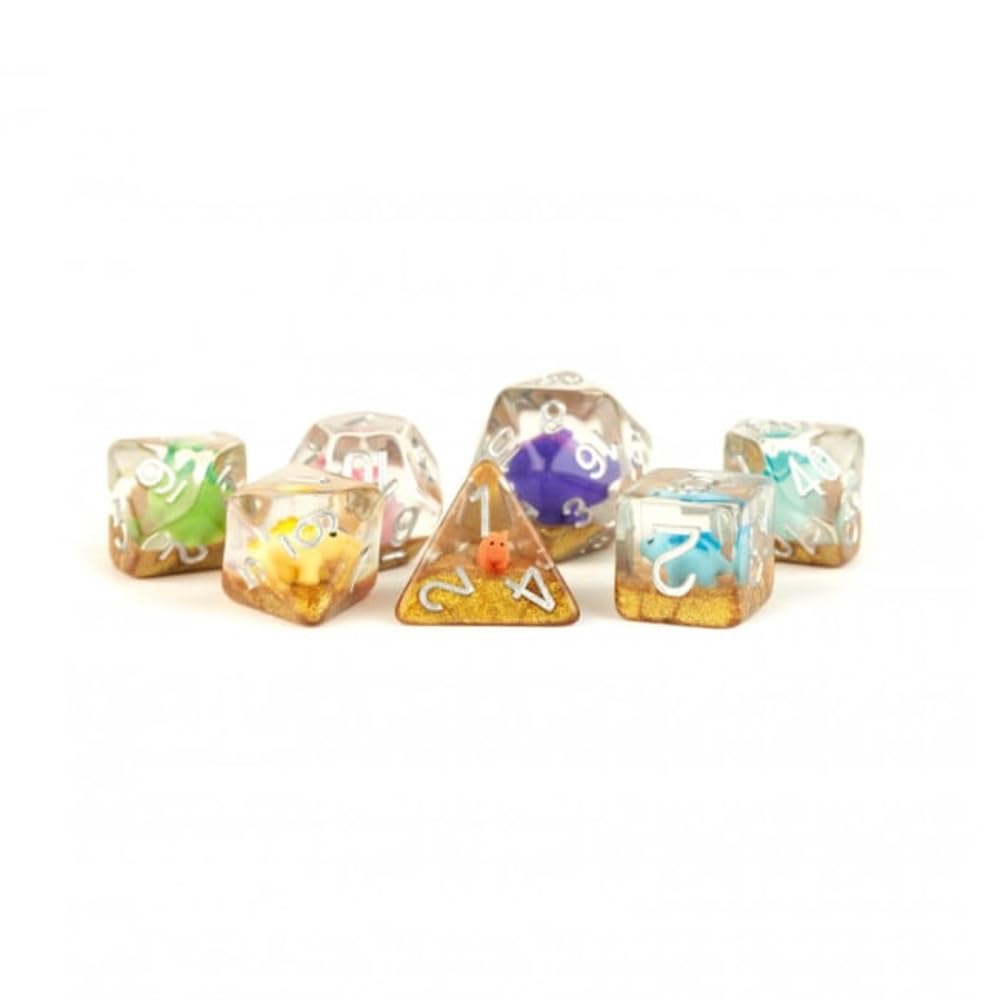 Metallic Dice Games Poly Set Dinosaur w/Silver (7 Count) - Dinosaur w/ Silver - Roleplaying Game Dice - 7 Pieces - Teen