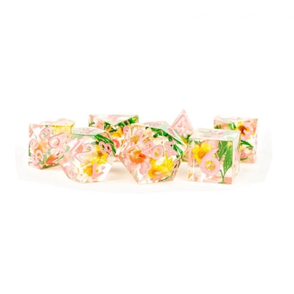 Handcrafted Resin Dice Set - Chrysanthemum with Pink Numbers (7) by Metallic Dice Games