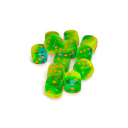 Plasma Green and Teal Gemini Luminary Dice with Orange Pips D6 16mm (5/8in) Pack of 12 Chessex
