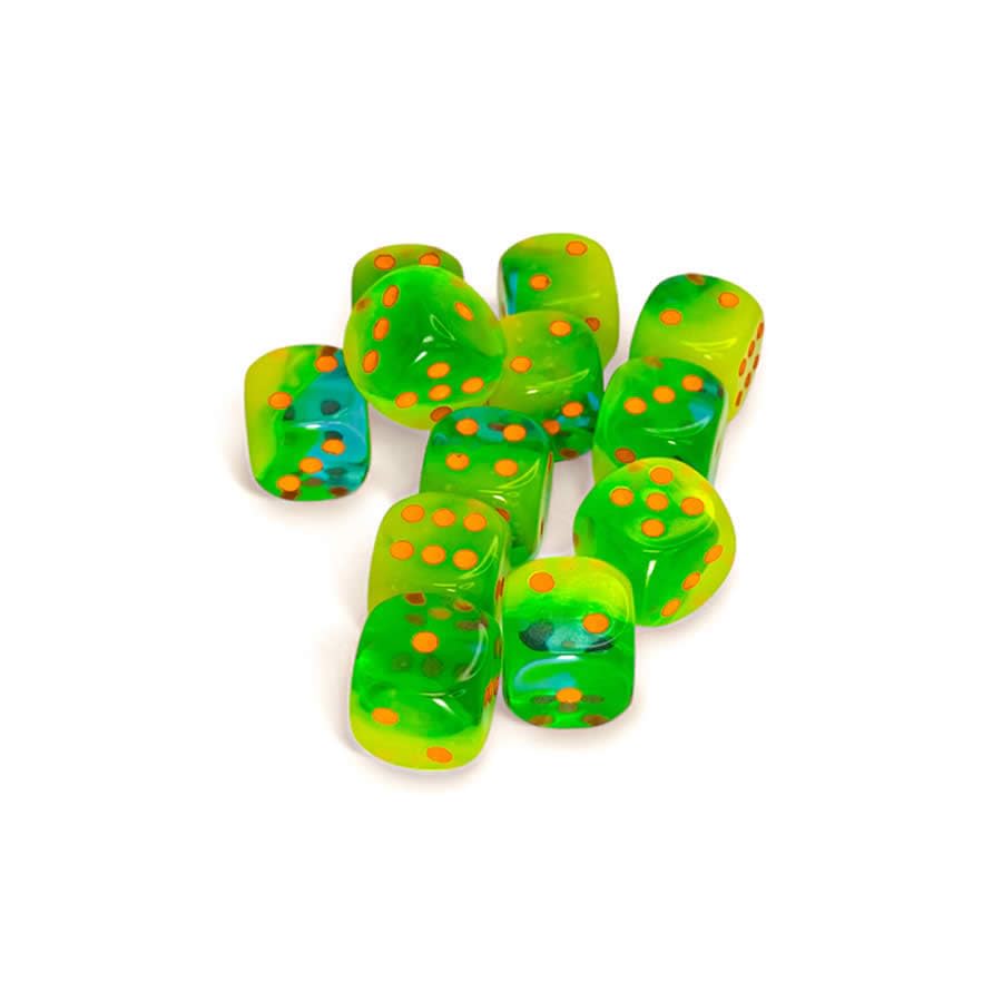 Plasma Green and Teal Gemini Luminary Dice with Orange Pips D6 16mm (5/8in) Pack of 12 Chessex