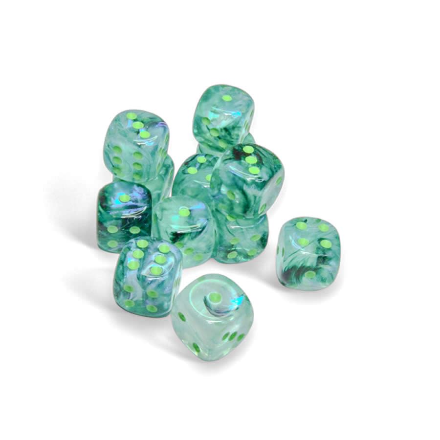 Kelp Borealis Dice Luminary with Light Green Pips D6 16mm (5/8in) Pack of 12 Chessex