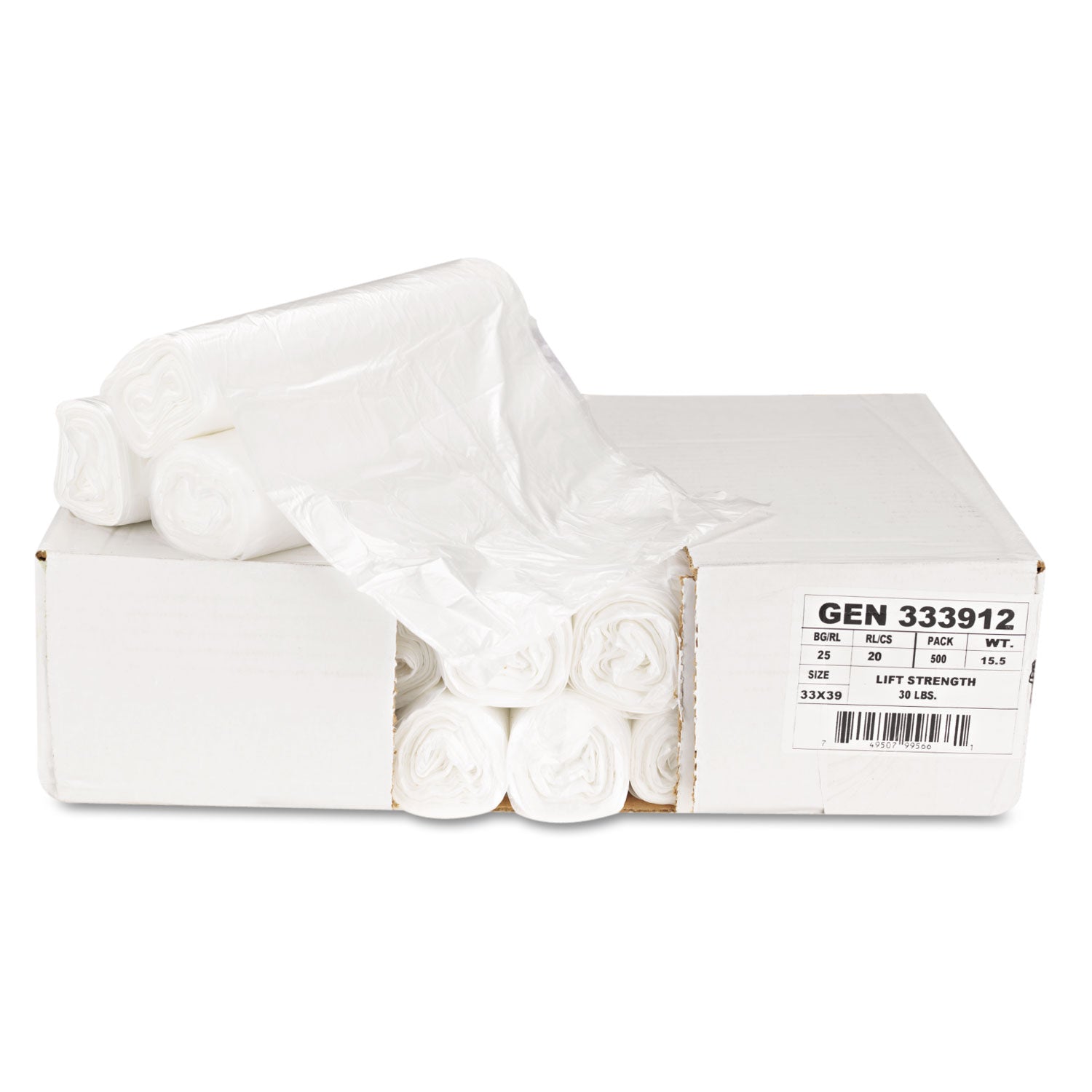 High-Density Can Liners, 33 gal, 9 mic, 33" x 39", Natural, Perforated Roll, 25 Bags/Roll, 20 Rolls/Carton