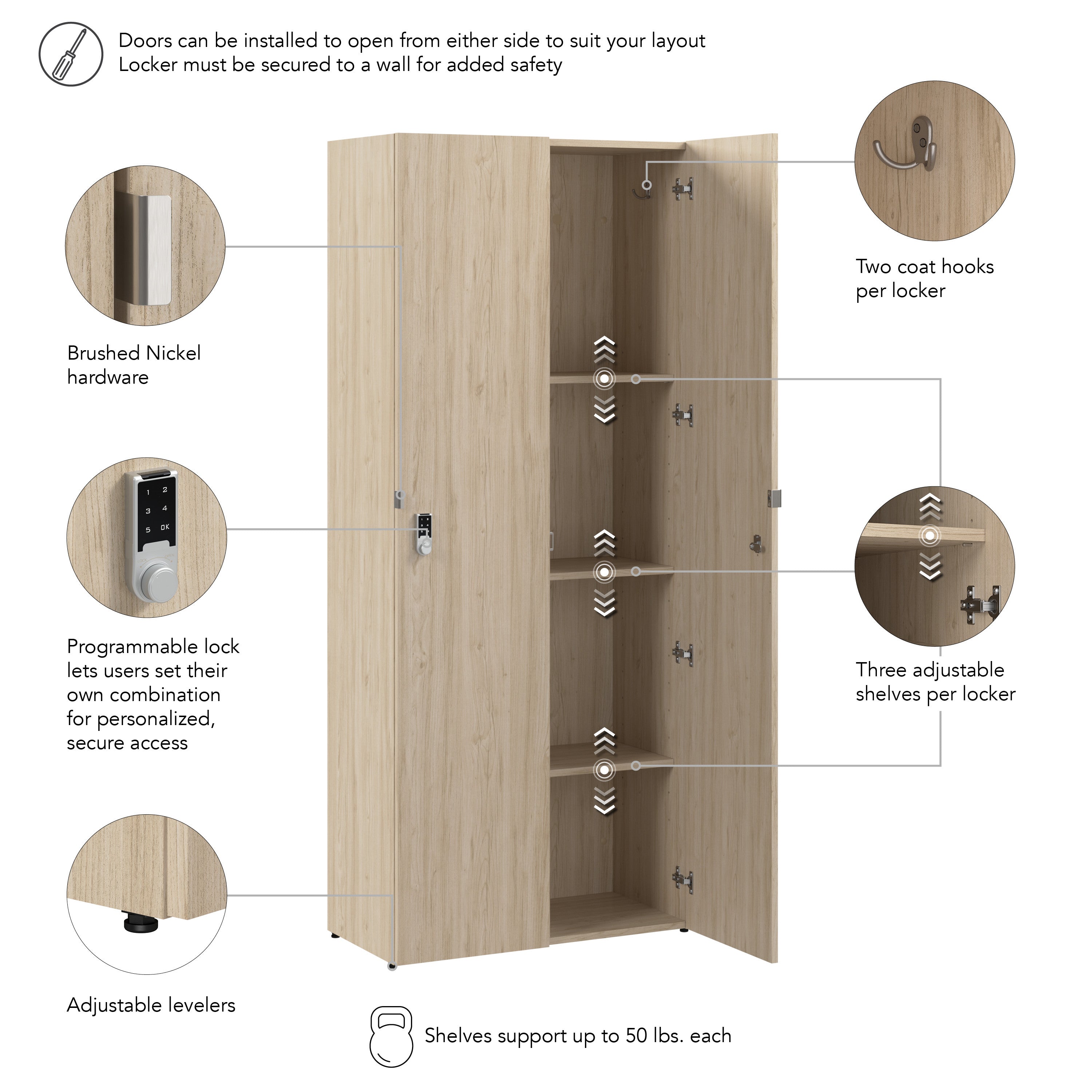 Bush Business Furniture Assure Single Tier 2 Door Storage Locker with Keypad Locks in Natural Elm - 29.76" Width x 15.35" Depth x 72.15" Height