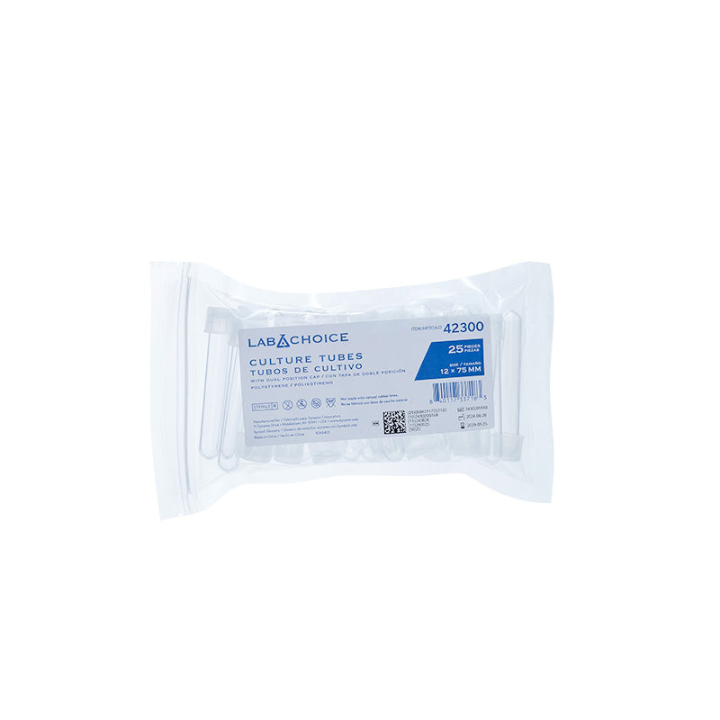 Culture Tube w/Dual Position Cap, PS, Without Graduated Markings, 12 x 75 mm - 25 pcs per Bag/4 Bags per Case